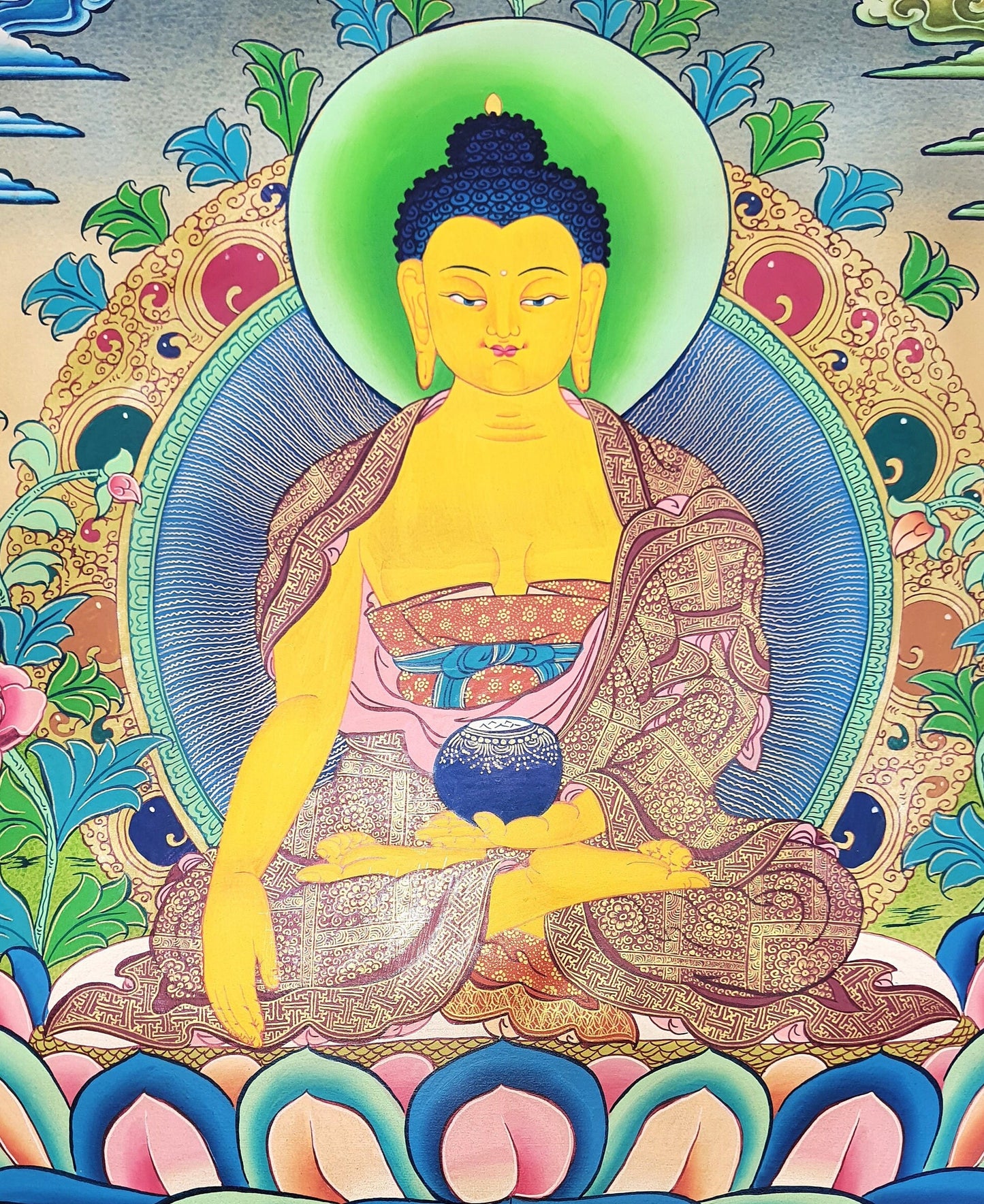 Hand Painted 24K Gold Shakyamuni Buddha Thangka, Smoky Tibetan Art