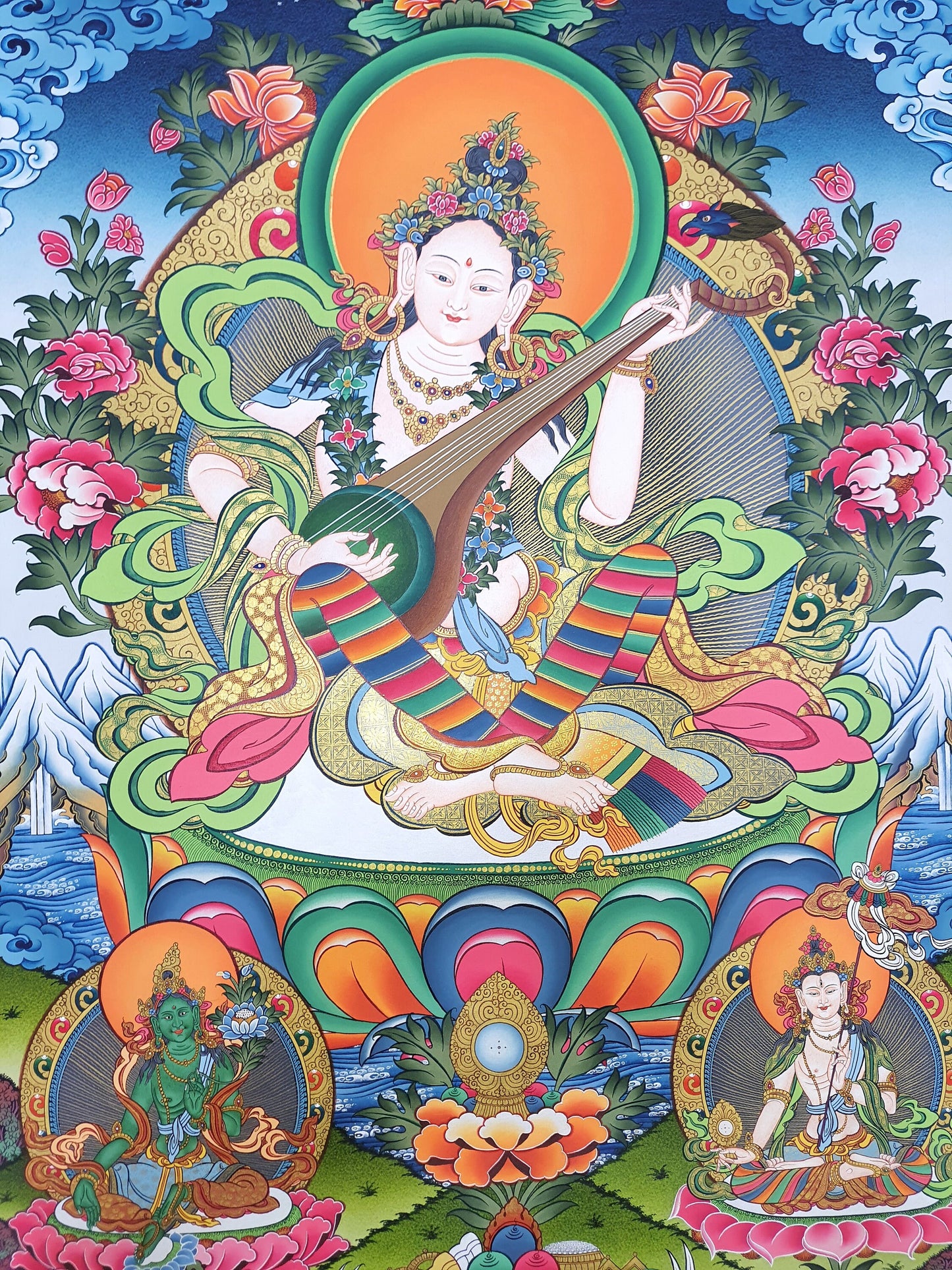 Hand-Painted Saraswati Thangka Painting, 24K Gold, Nepalese Art