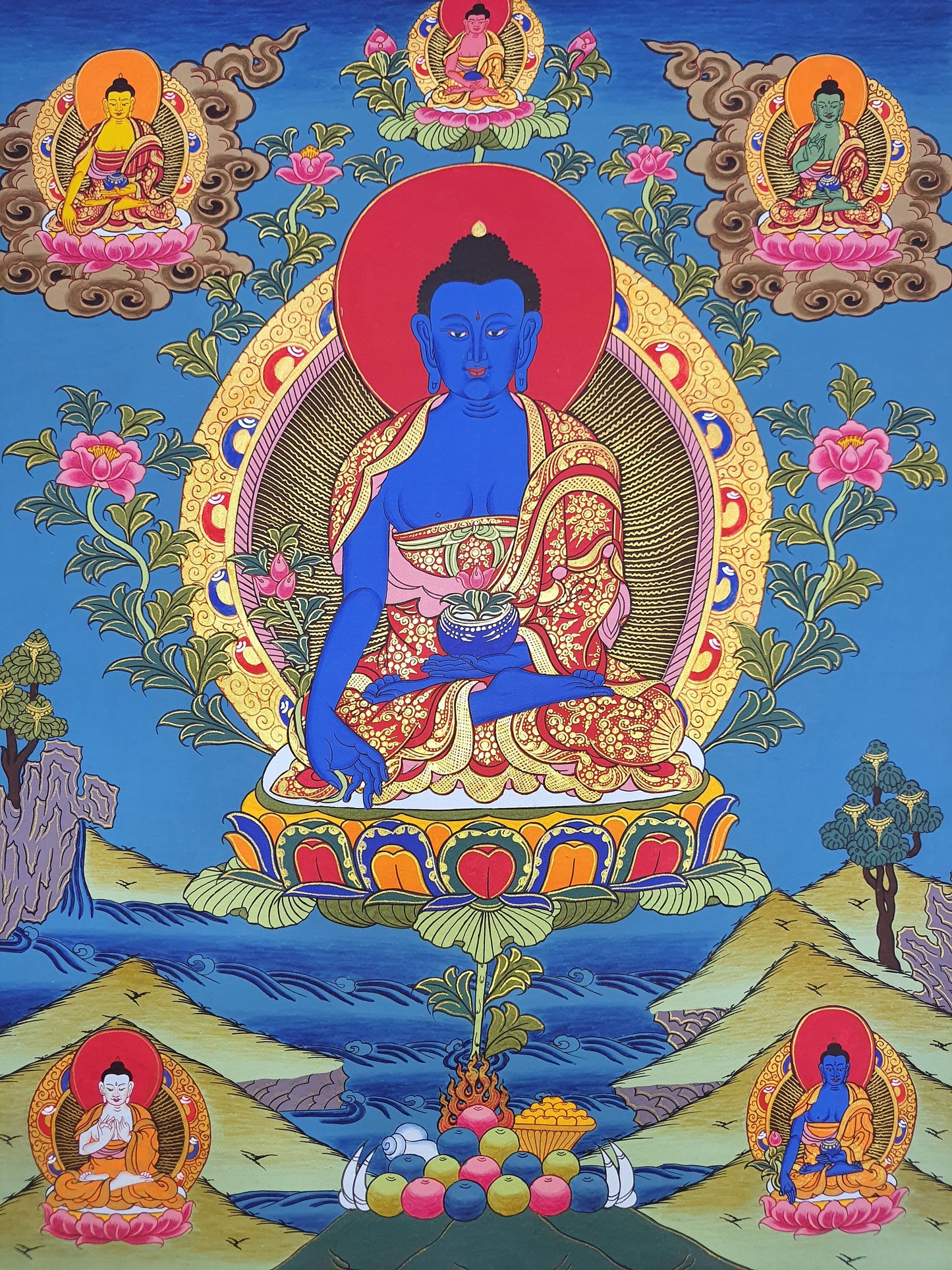 Hand-Painted Medicine Buddha Thangka Painting, Tibetan Wall Hanging