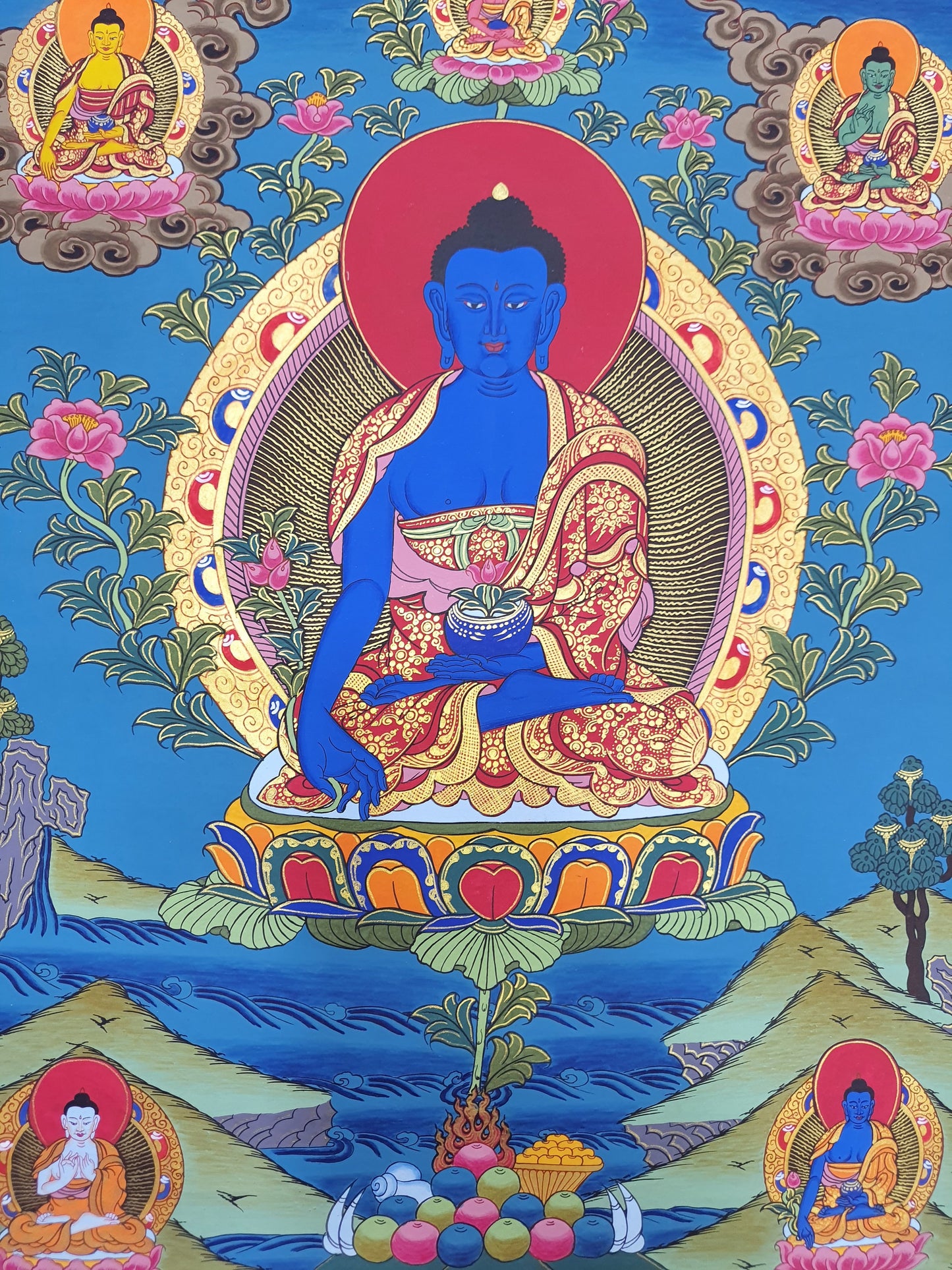 Hand-Painted Medicine Buddha Thangka Painting, Tibetan Wall Hanging