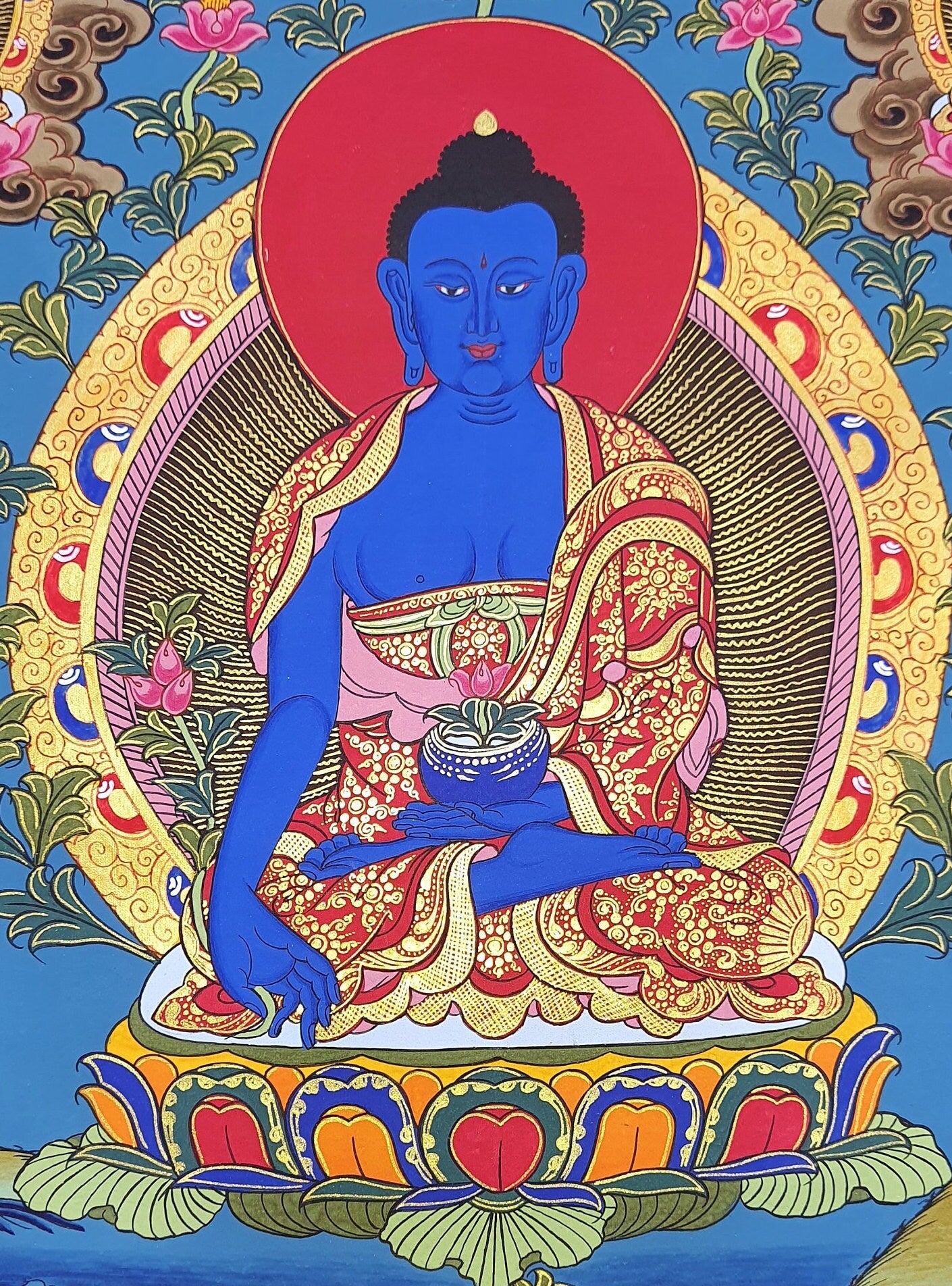 Hand-Painted Medicine Buddha Thangka Painting, Tibetan Wall Hanging