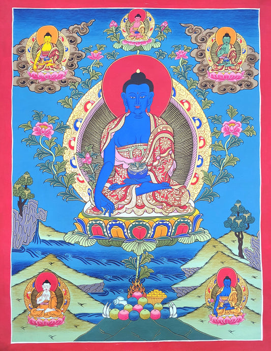 Hand-Painted Medicine Buddha Thangka Painting, Tibetan Wall Hanging