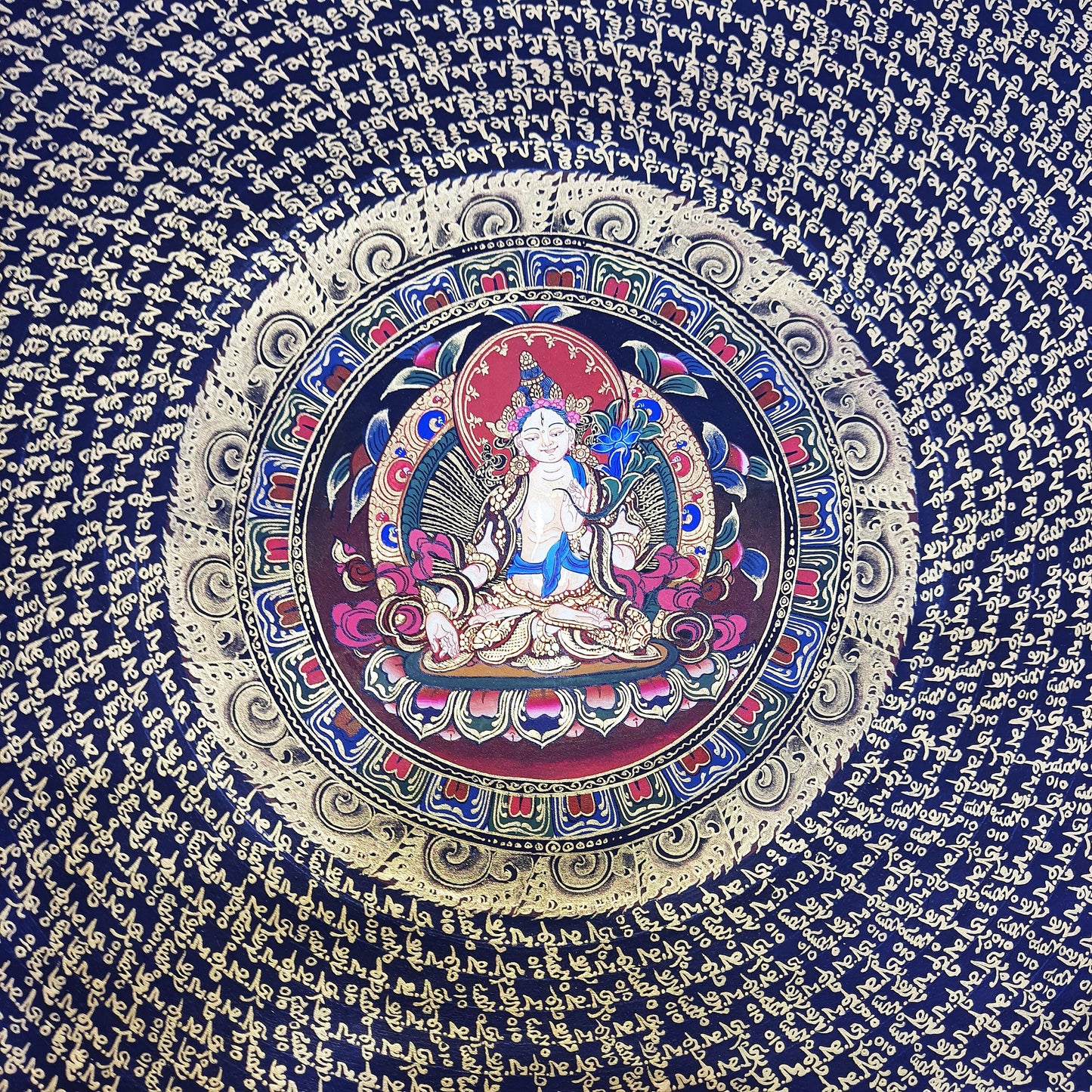 Hand-Painted White Tara Mandala Thangka | Tibetan Meditation Art