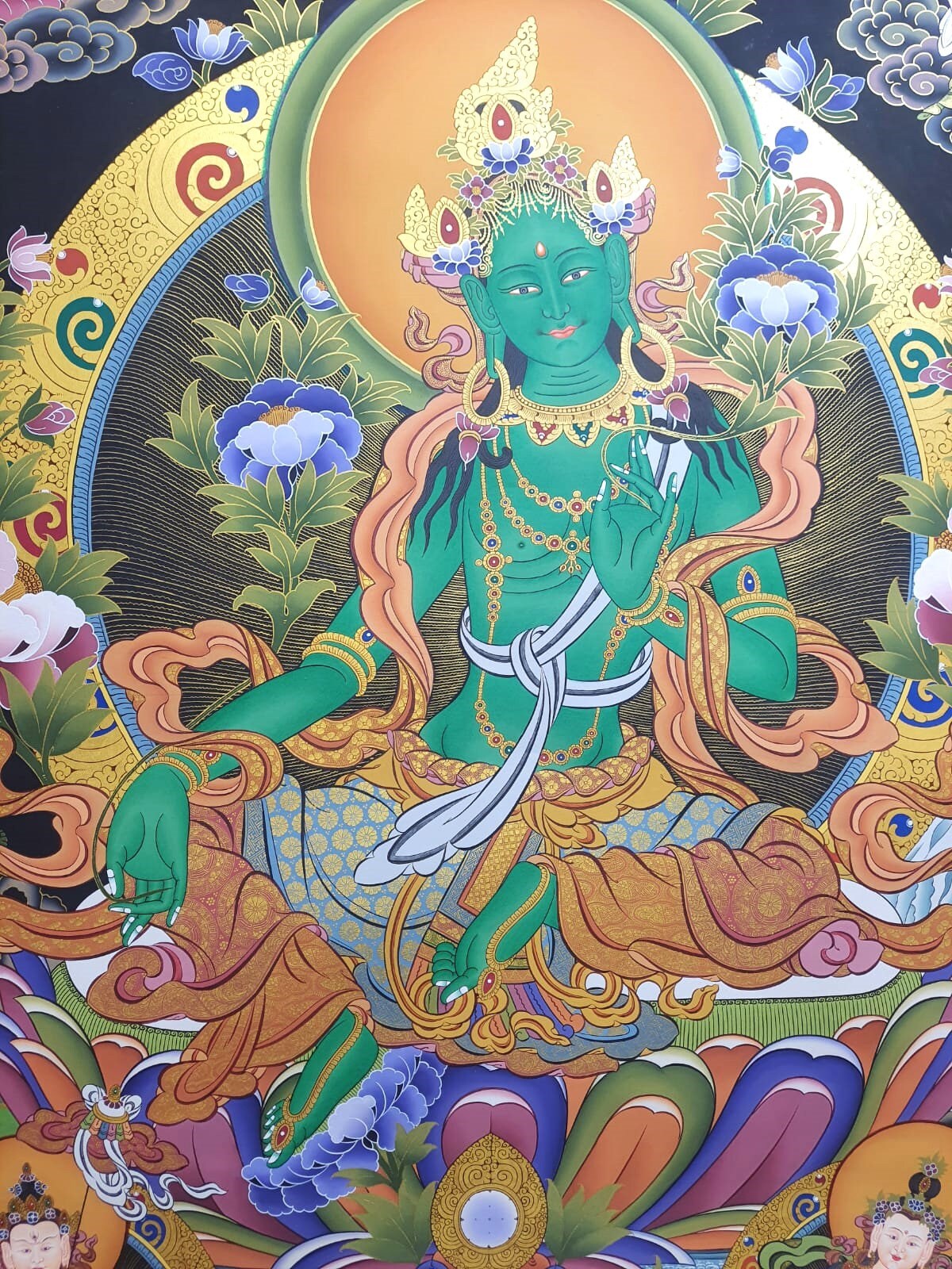 Hand-Painted Green Tara Thangka Painting, 24K Gold, Tibetan Art