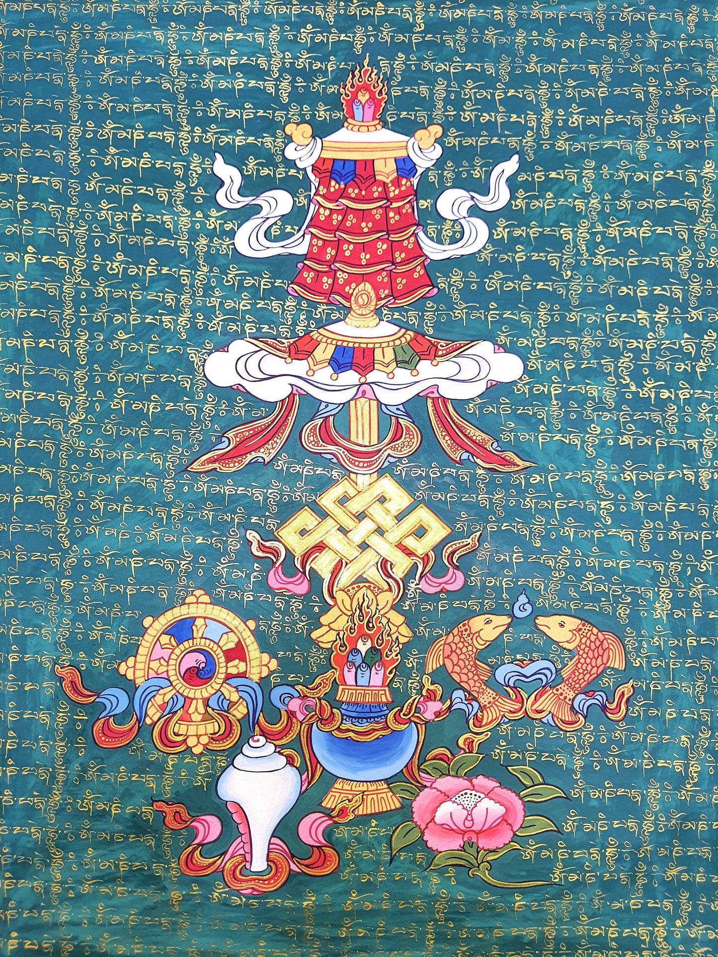 Original Hand Painted Eight Auspicious Symbols, or Ashtamangala Tibetan Meditation Thangka / Thanka Painting