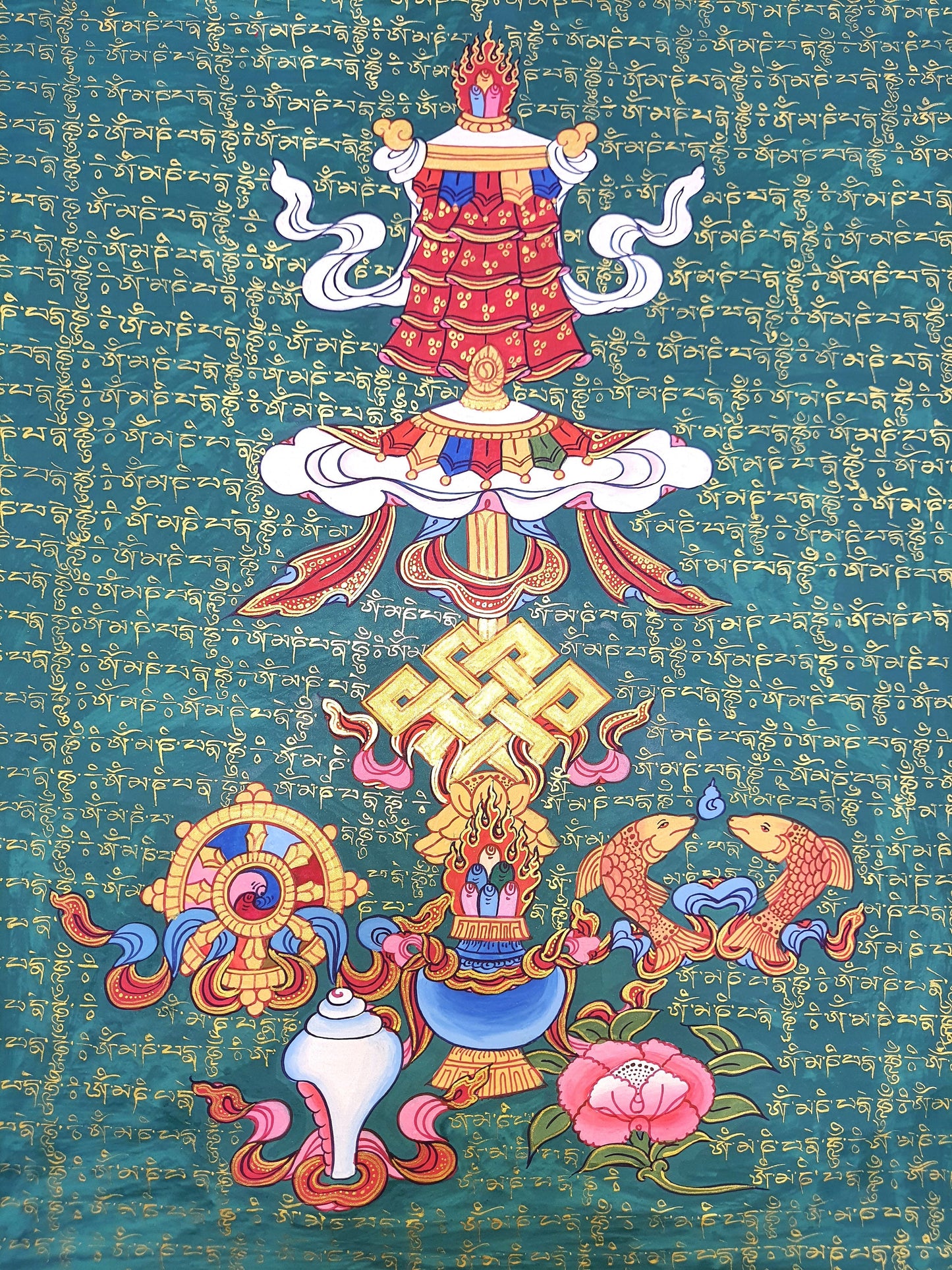 Original Hand Painted Eight Auspicious Symbols, or Ashtamangala Tibetan Meditation Thangka / Thanka Painting