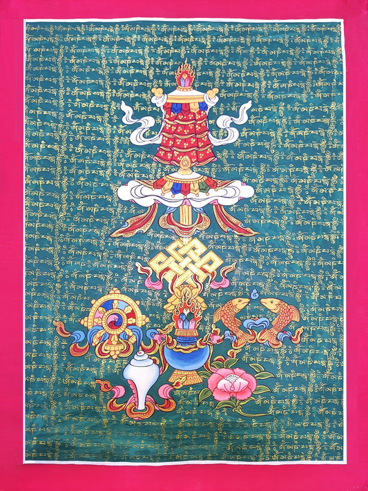 Original Hand Painted Eight Auspicious Symbols, or Ashtamangala Tibetan Meditation Thangka / Thanka Painting