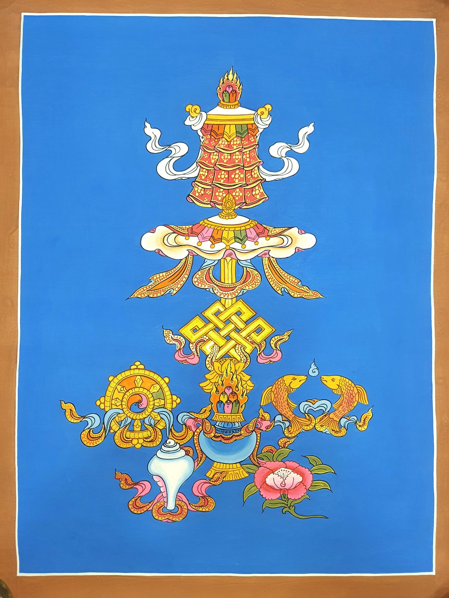Hand-Painted Ashtamangala Thangka, Eight Auspicious Symbols Painting (15x20)