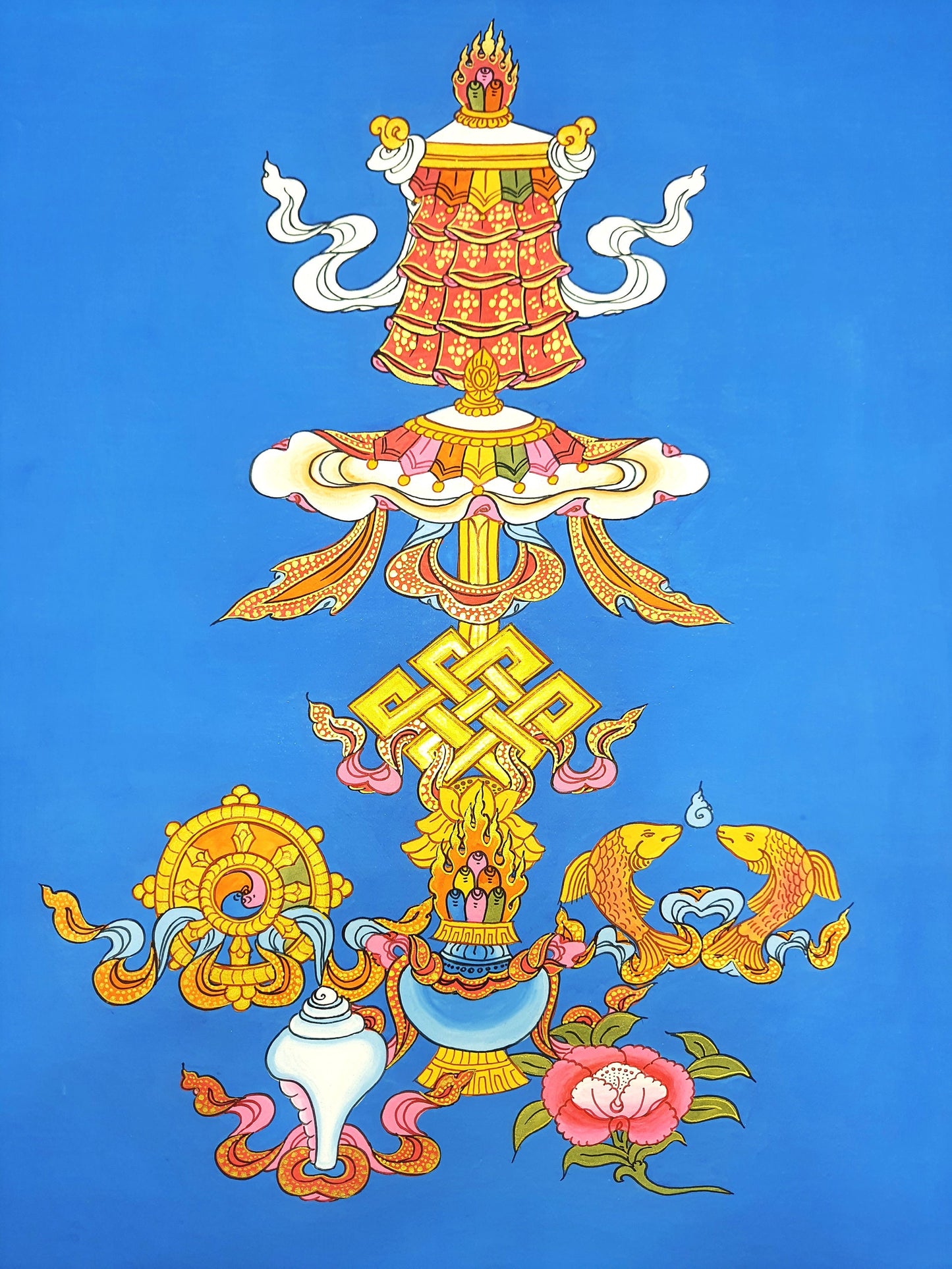 Hand-Painted Ashtamangala Thangka, Eight Auspicious Symbols Painting (15x20)