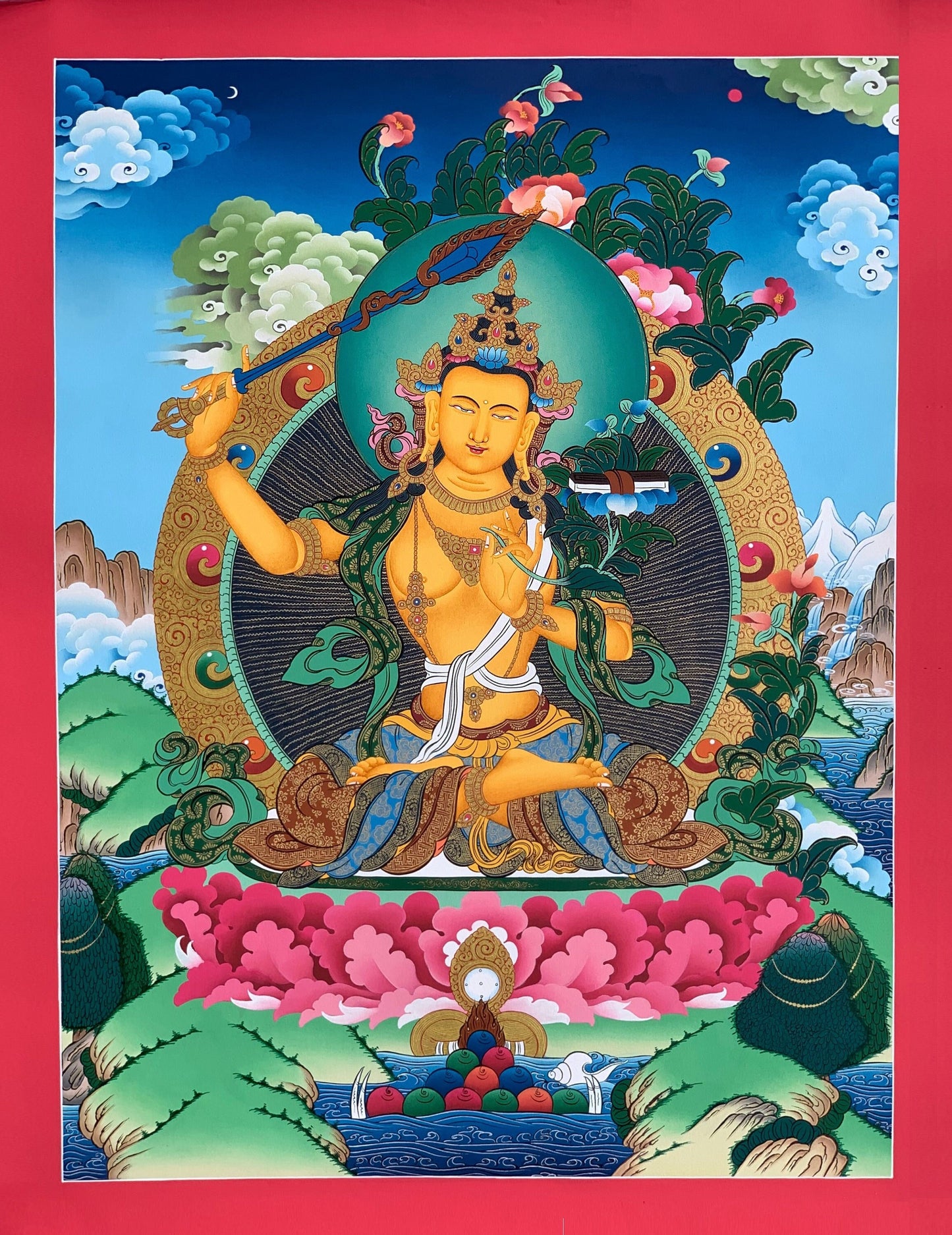 Manjushri Bodhisattva Thangka Painting - Wisdom Deity 24K Gold Hand-Painted  Buddhist Art