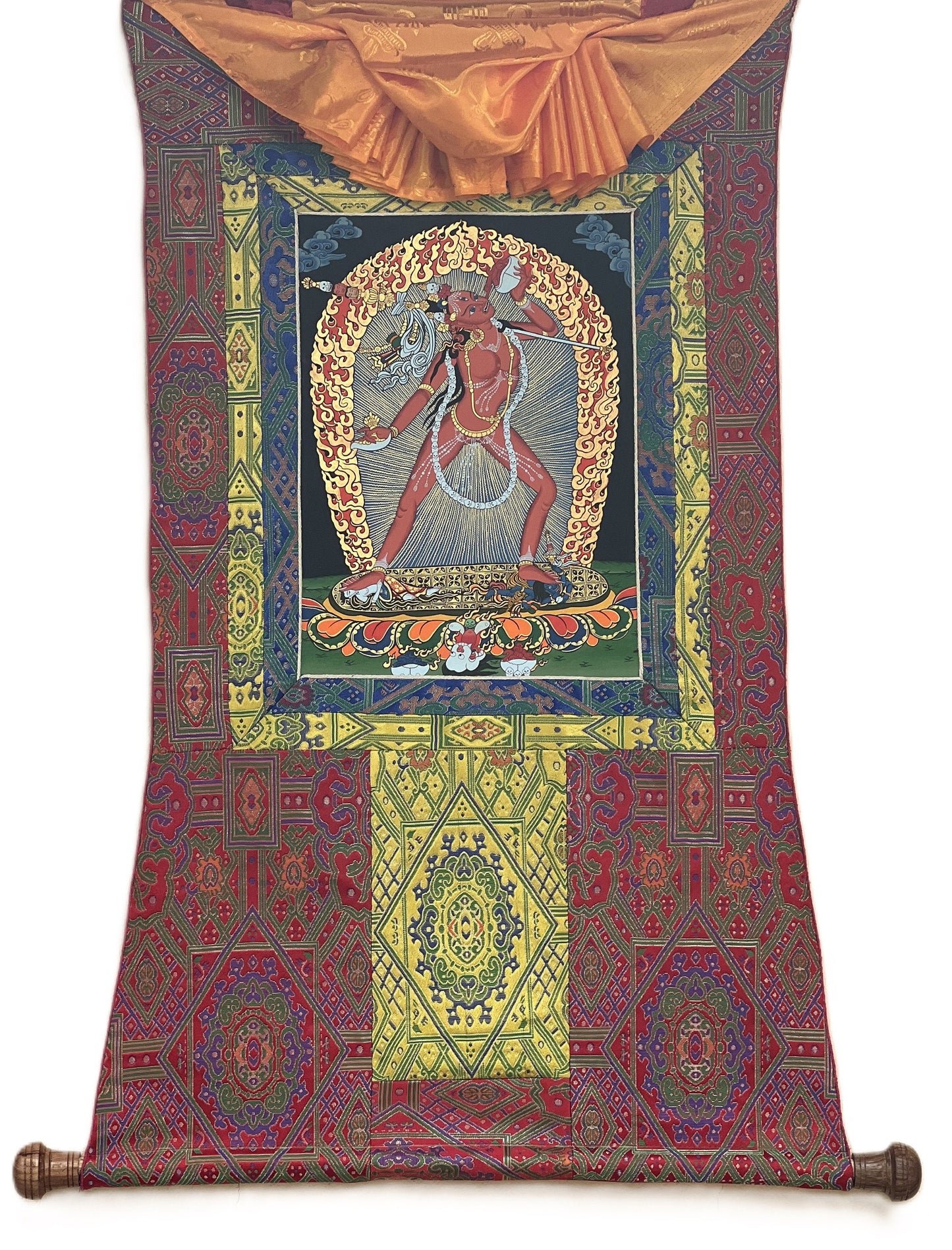 Hand-Painted Vajrayogini Thangka – Tibetan Art with Silk Brocade