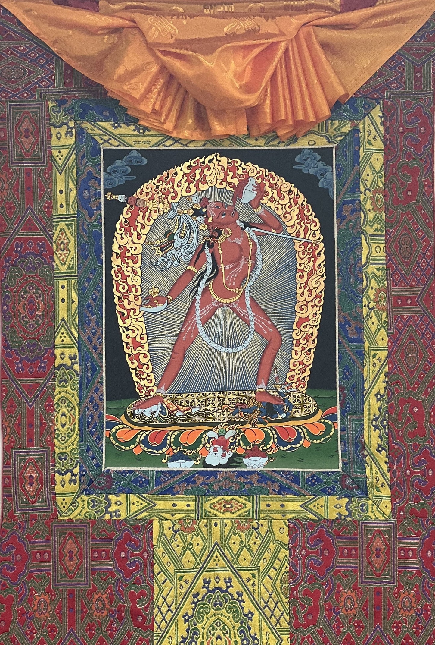 Hand-Painted Vajrayogini Thangka – Tibetan Art with Silk Brocade