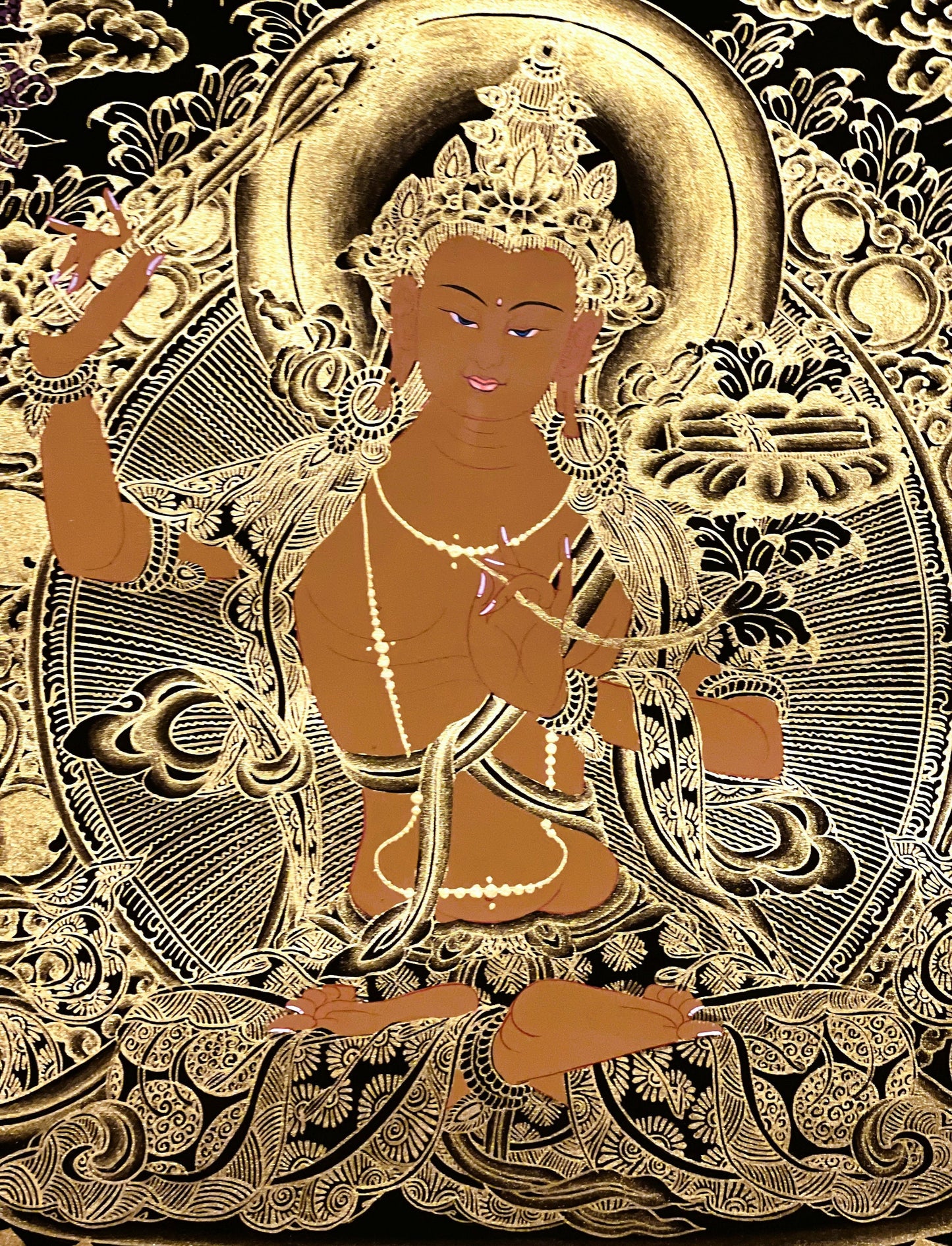 Hand-Painted Manjushri Thanka: Gold Tibetan Wisdom Art