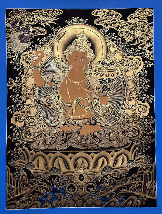 Hand-Painted Manjushri Thanka: Gold Tibetan Wisdom Art