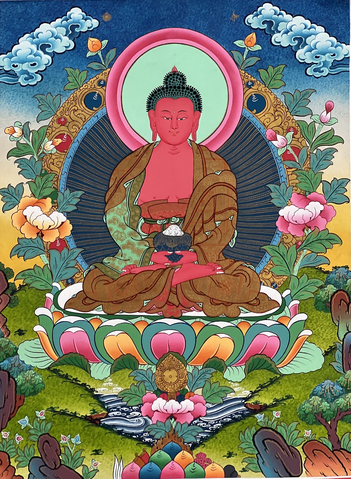 Hand-Painted Amitabha Buddha Thangka, Tibetan Art with Silk Brocade