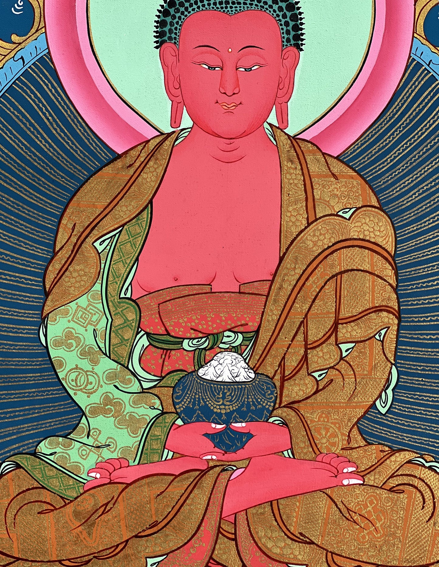 Hand-Painted Amitabha Buddha Thangka, Tibetan Art with Silk Brocade