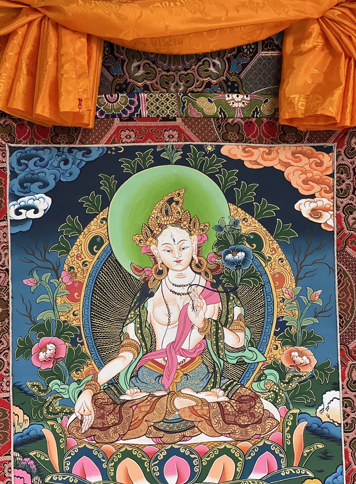 Hand-Painted White Tara Thangka: Tibetan Mother Goddess Art with Silk Brocade