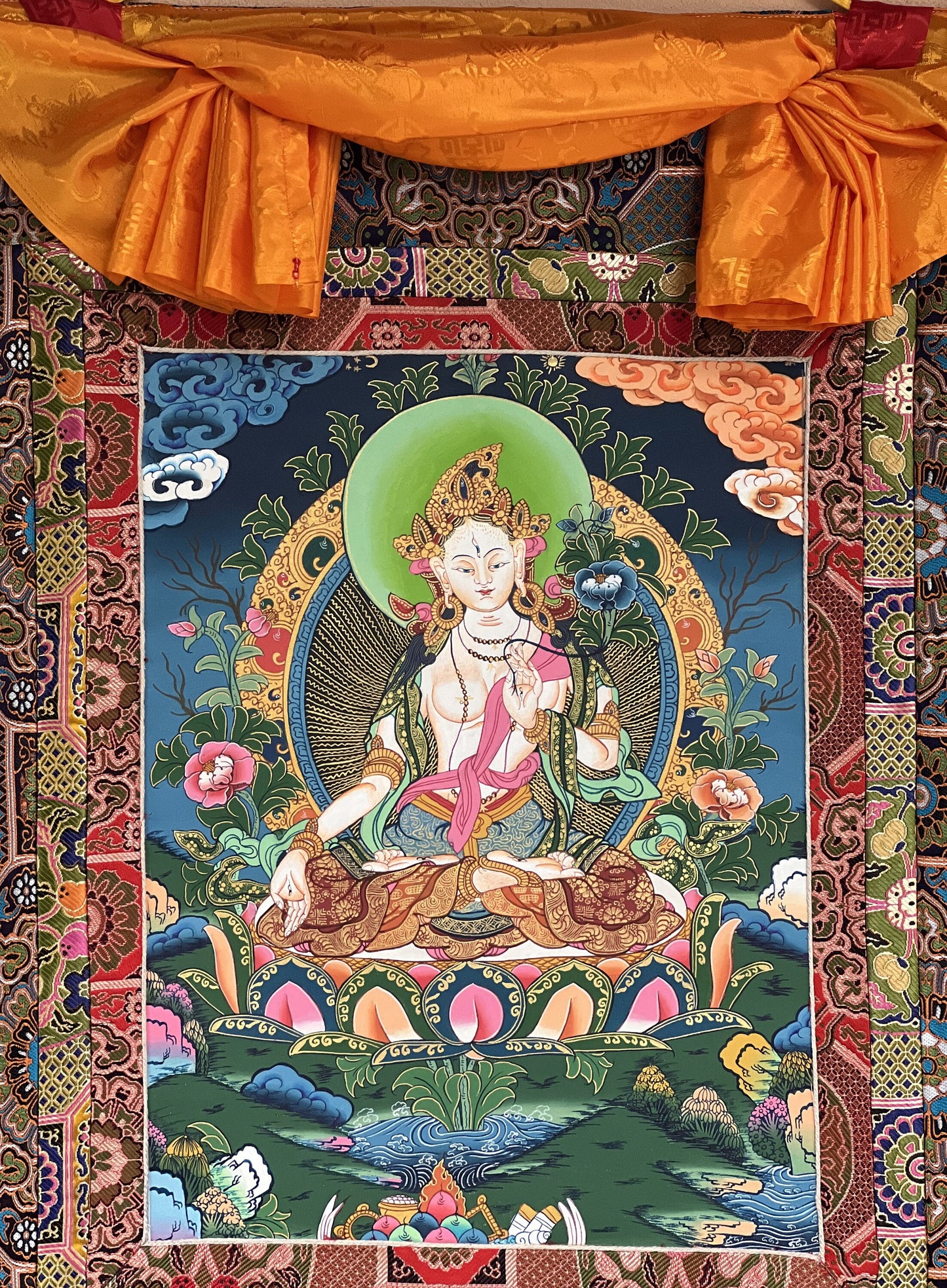 Hand-Painted White Tara Thangka: Tibetan Mother Goddess Art with Silk Brocade