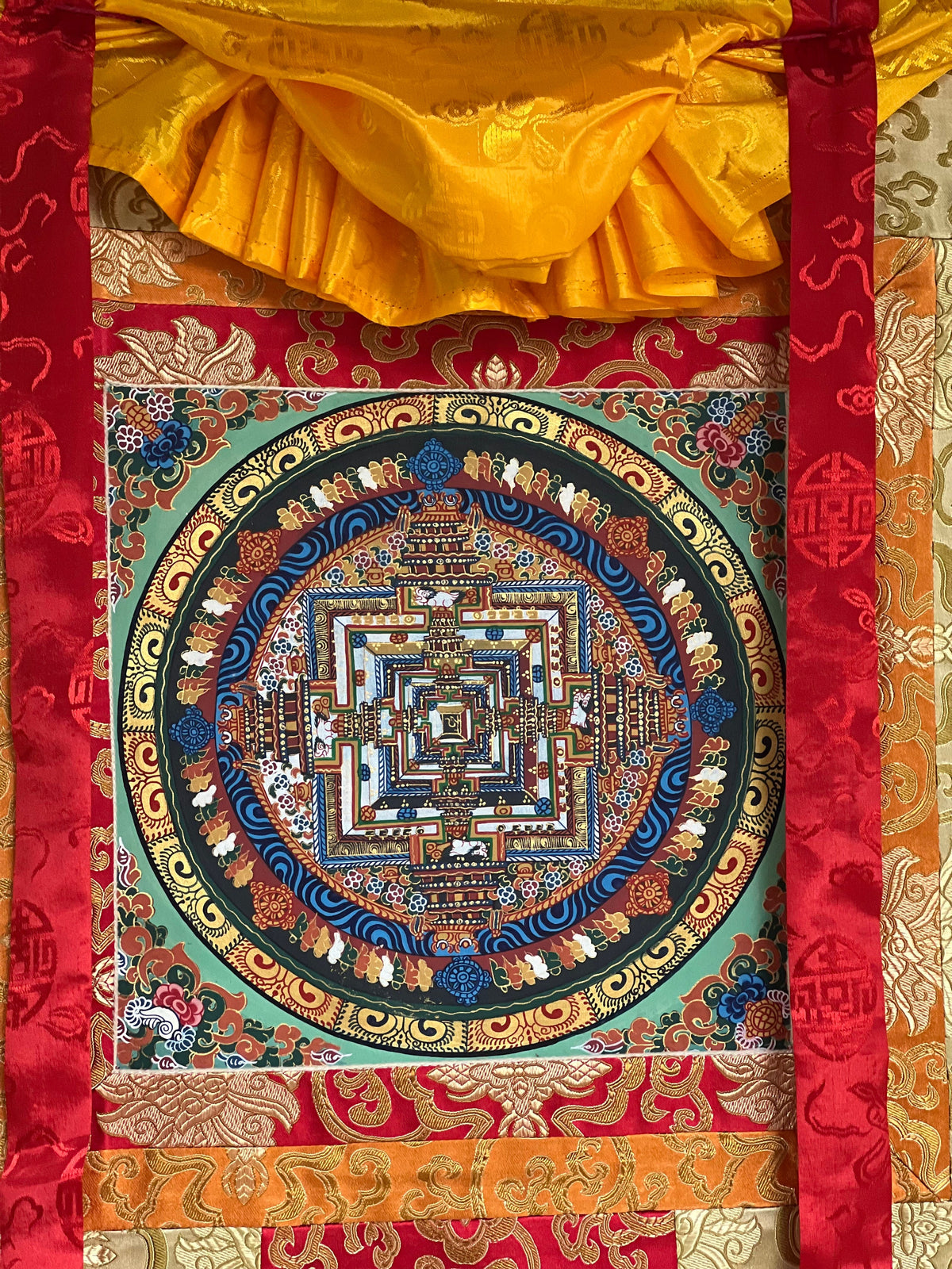 Kalachakra Mandala Tibetan Thangka Painting with Silk Brocade