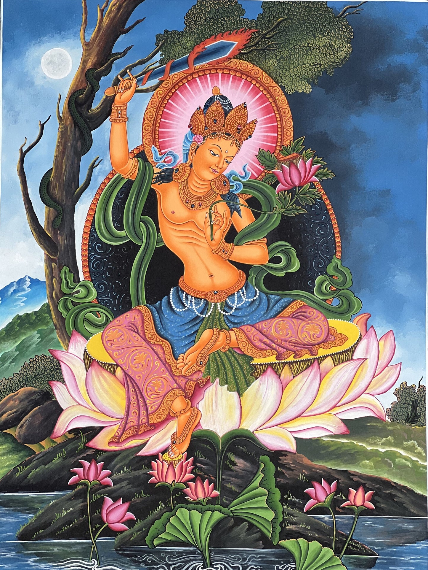 Manjushri Newari Paubha Thangka Painting – Hand-Painted Bodhisattva of Wisdom Art