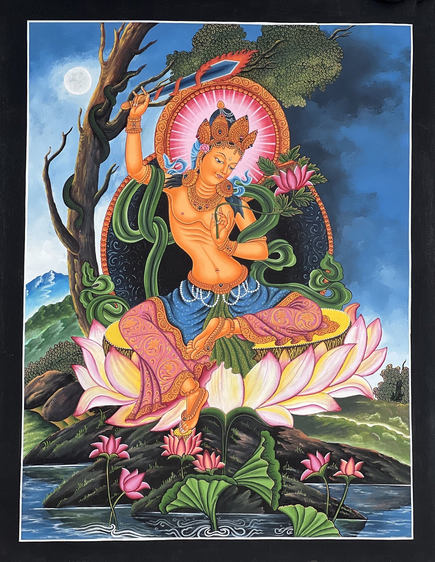 Manjushri Newari Paubha Thangka Painting – Hand-Painted Bodhisattva of Wisdom Art