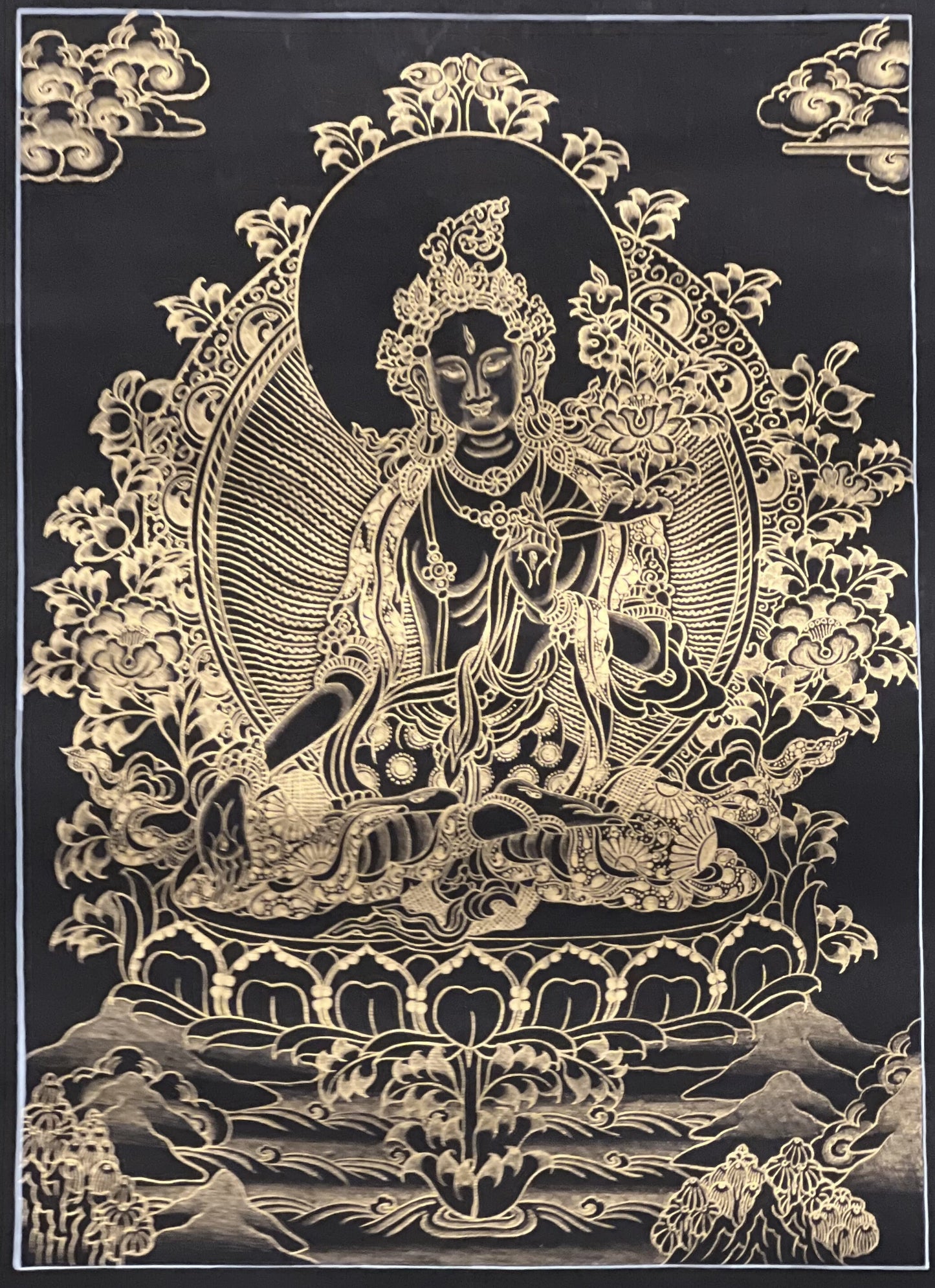White Tara Tibetan Thangka | Black and Gold Buddhist Art