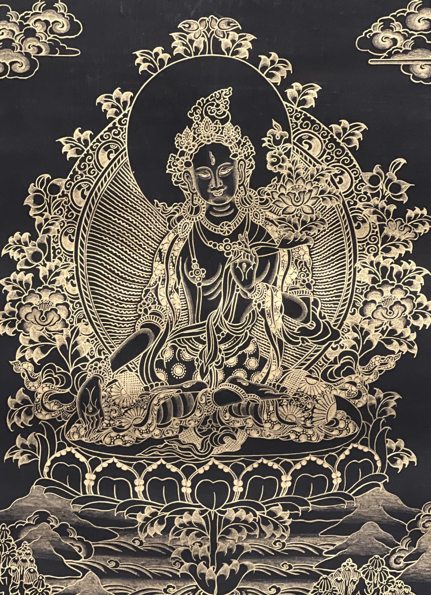 White Tara Tibetan Thangka | Black and Gold Buddhist Art