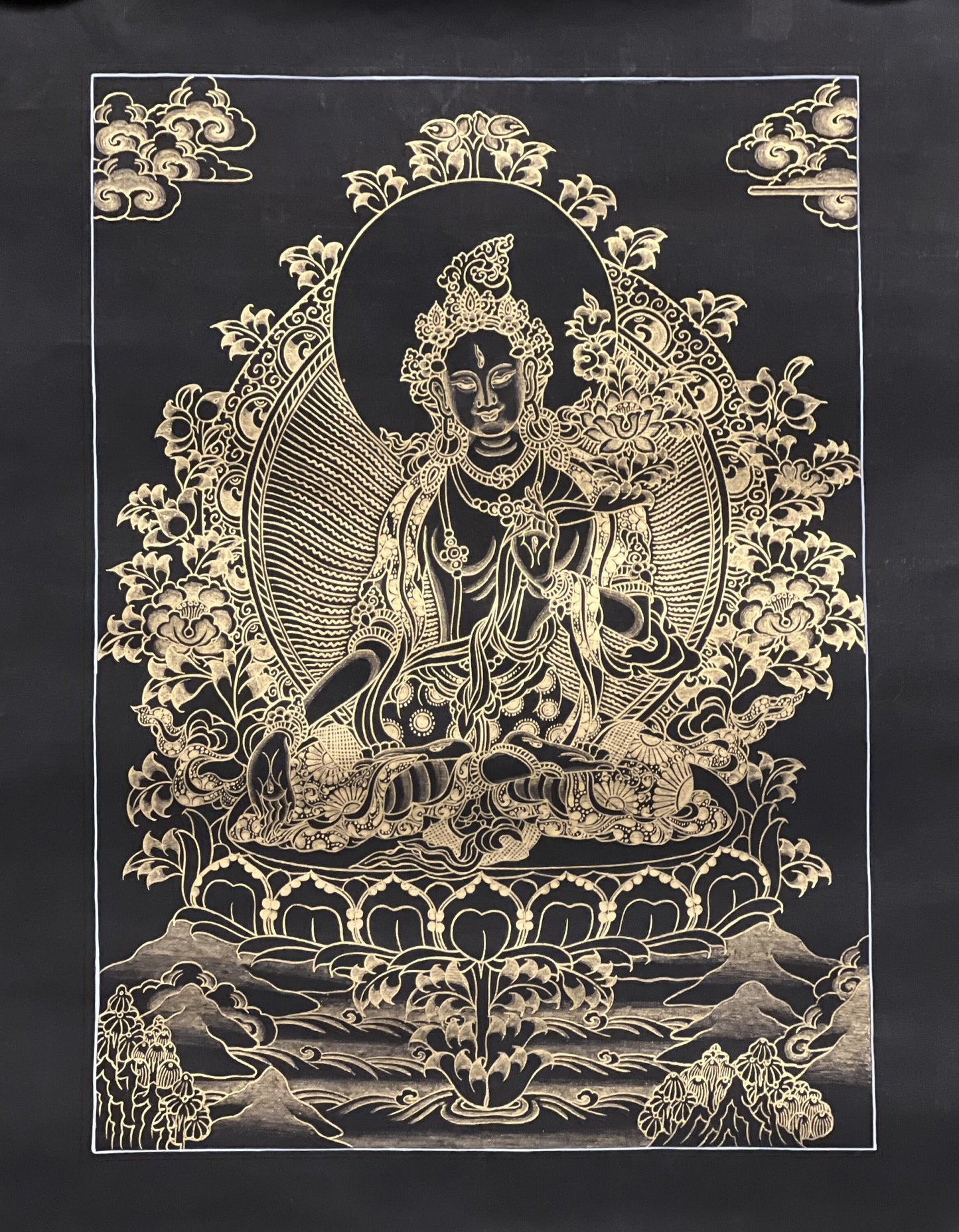 White Tara Tibetan Thangka | Black and Gold Buddhist Art