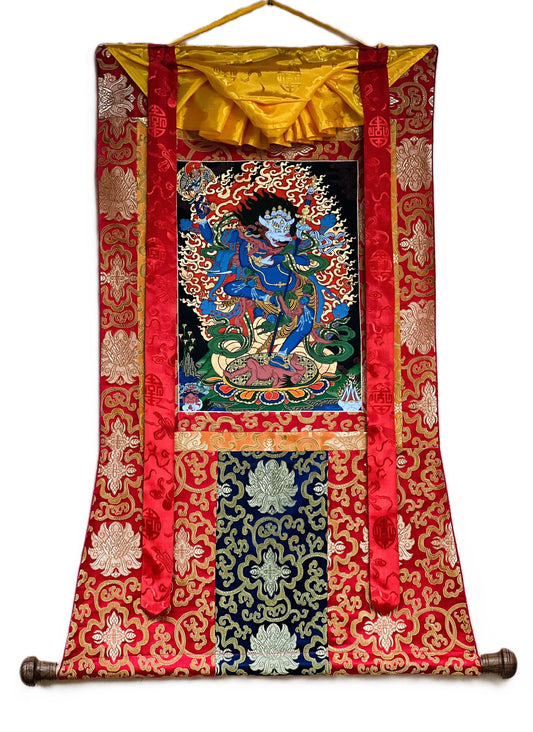 Hand-Painted Simhamukha Thangka – Lion-Faced Dakini Tantra Art with Silk Brocade