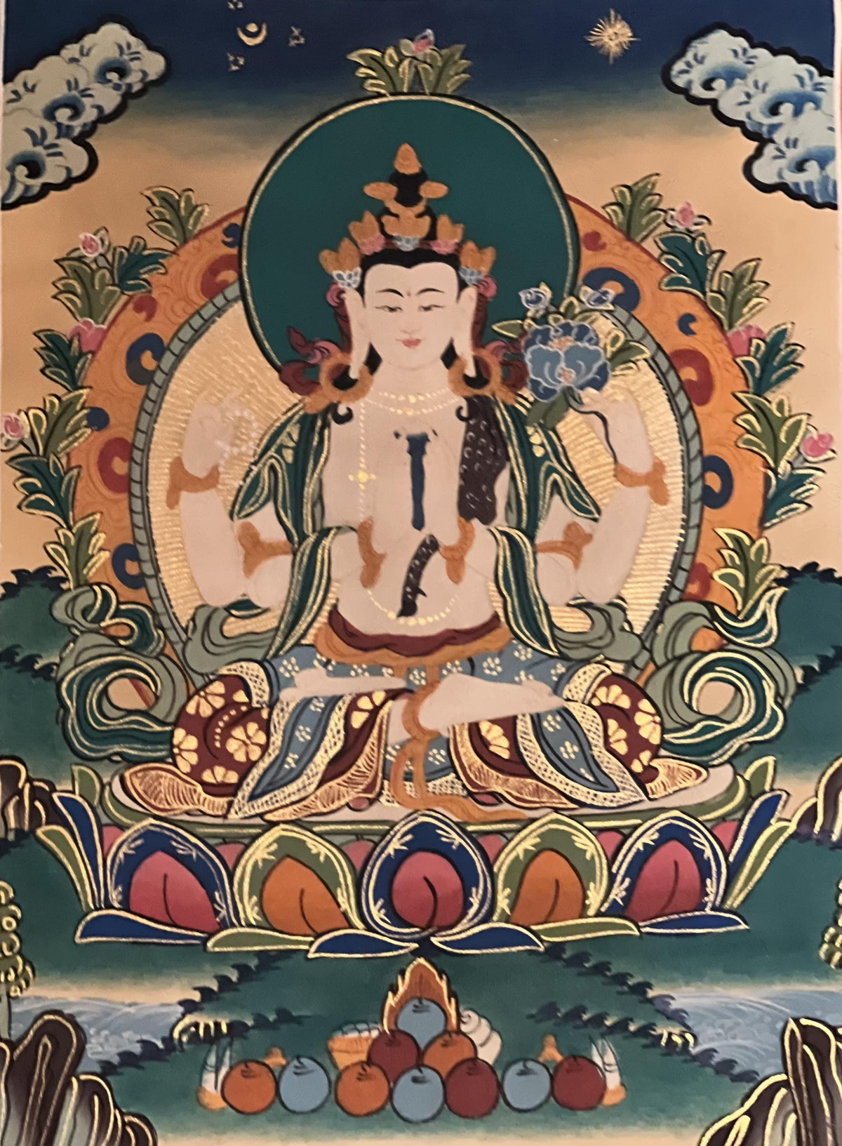 Handmade Avalokiteshvara Thangka Painting with Silk Brocade