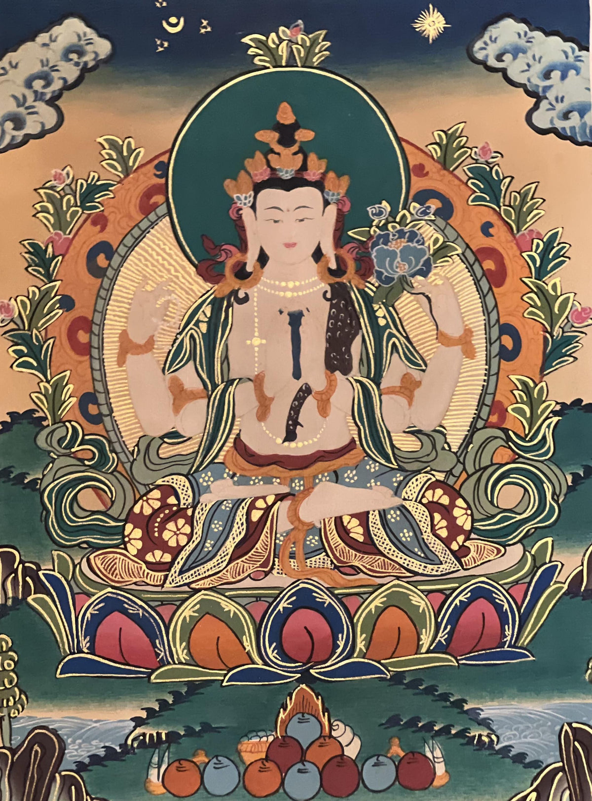 Handmade Avalokiteshvara Thangka Painting with Silk Brocade