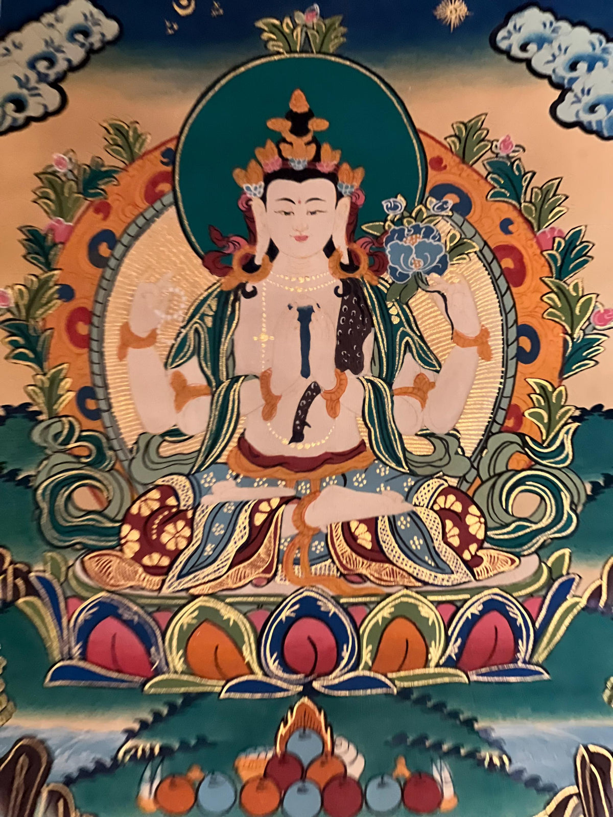 Handmade Avalokiteshvara Thangka Painting with Silk Brocade