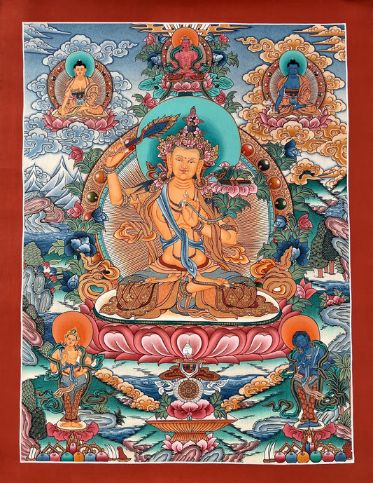 Original Hand-Painted Manjushri / Jampelyang Bodhisattva of Wisdom Tibetan Thangka Painting –Buddhist Art