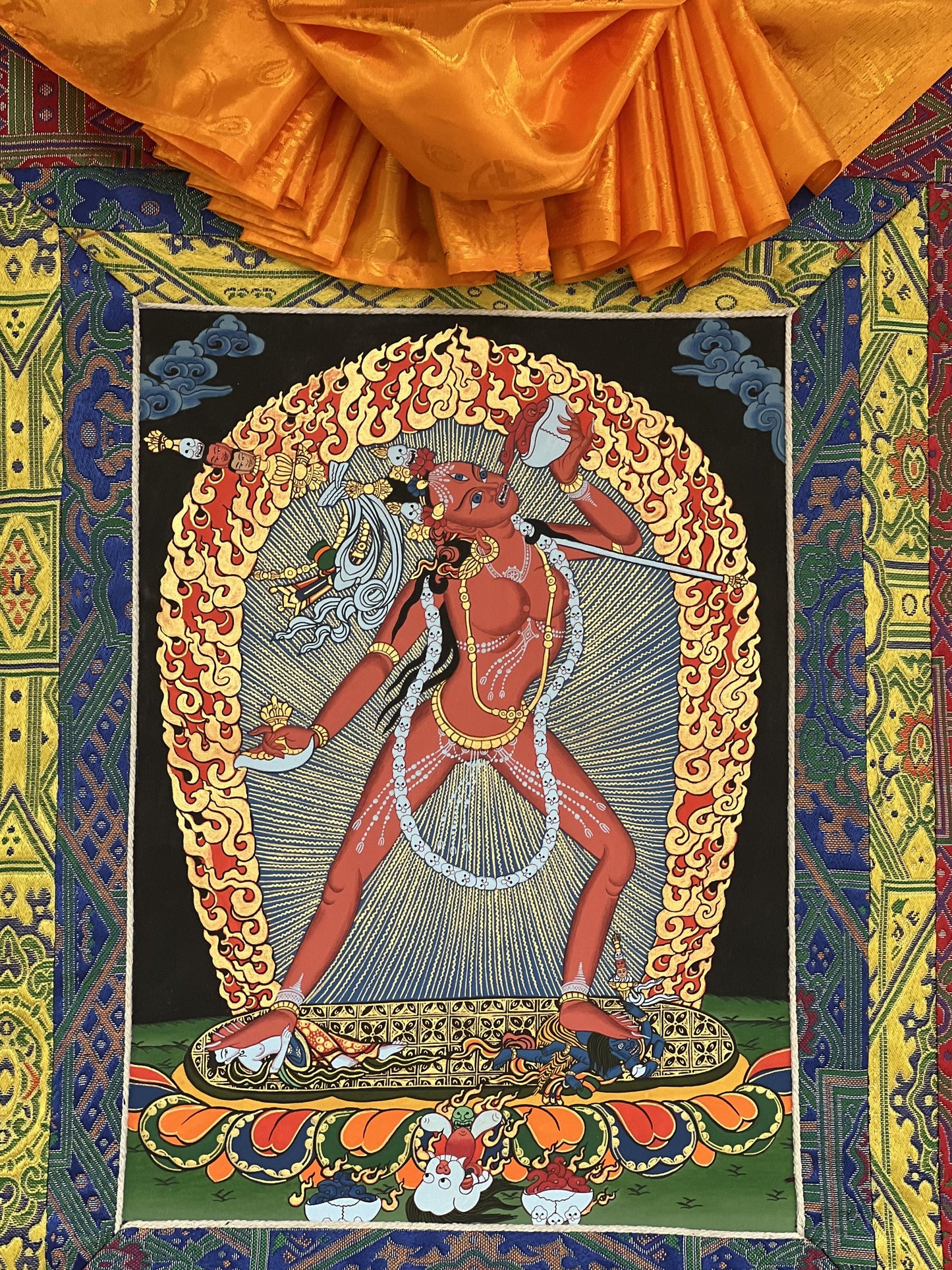 Hand-Painted Vajrayogini Thangka – Tibetan Art with Silk Brocade
