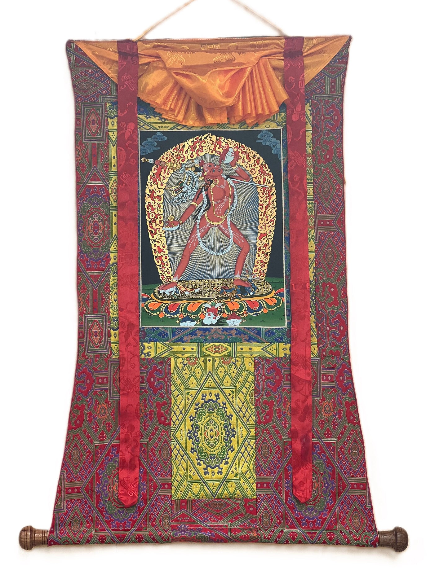 Hand-Painted Vajrayogini Thangka – Tibetan Art with Silk Brocade