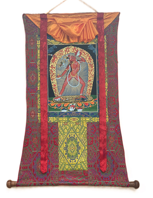 Hand-Painted Vajrayogini Thangka – Tibetan Art with Silk Brocade