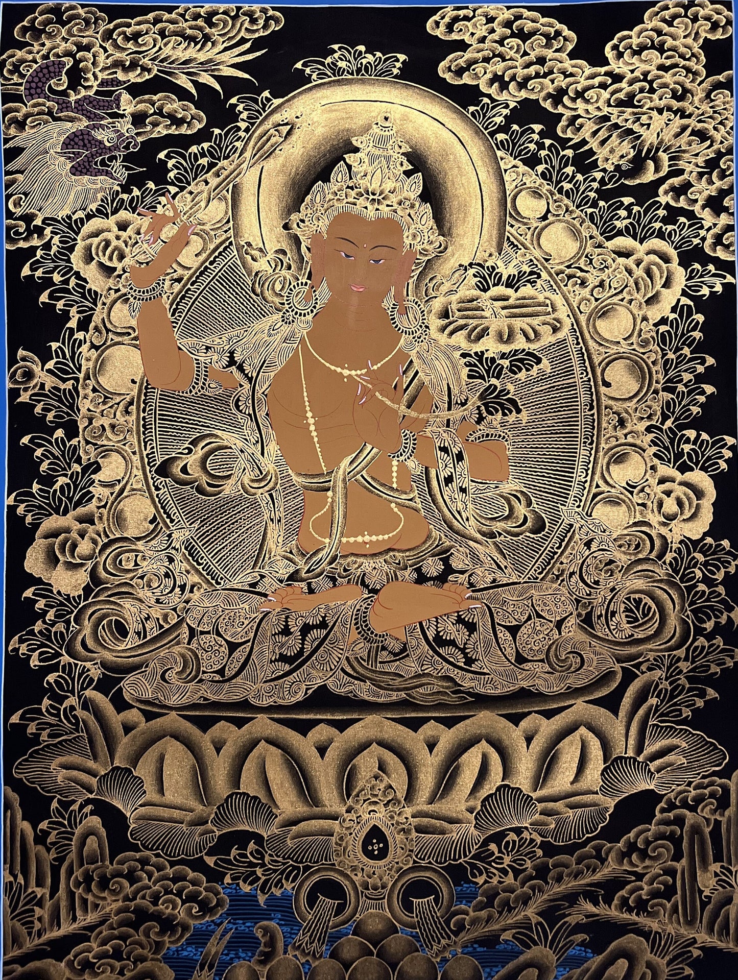 Hand-Painted Manjushri Thanka: Gold Tibetan Wisdom Art