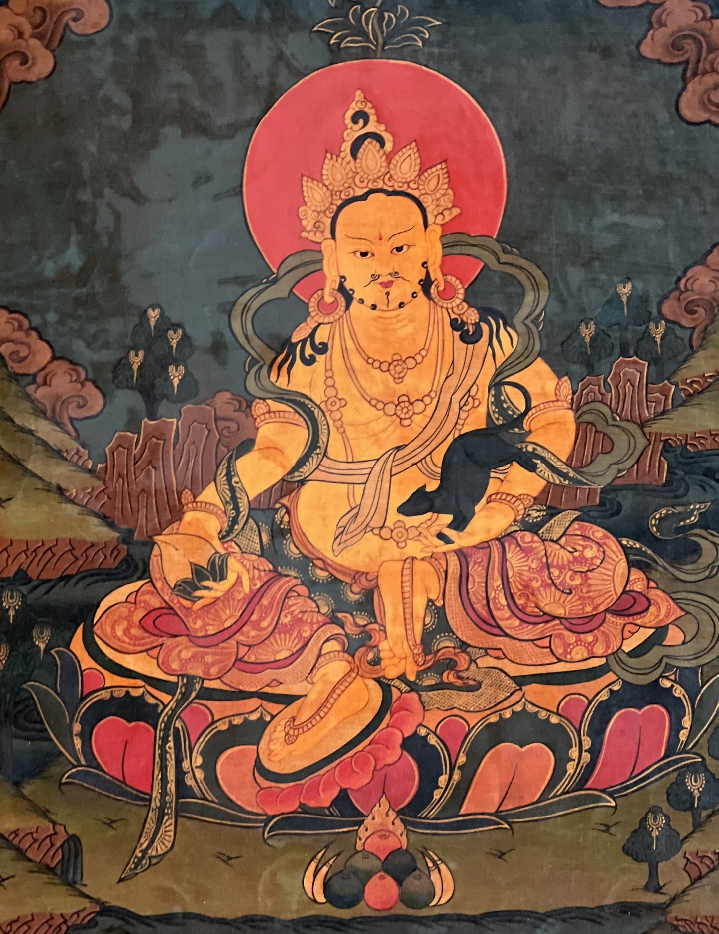 Hand Painted Kubera Thangka – God of Wealth, Tibetan Art with Silk Brocade
