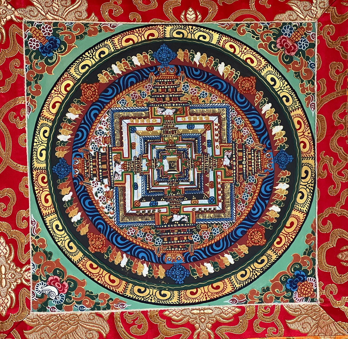 Kalachakra Mandala Tibetan Thangka Painting with Silk Brocade