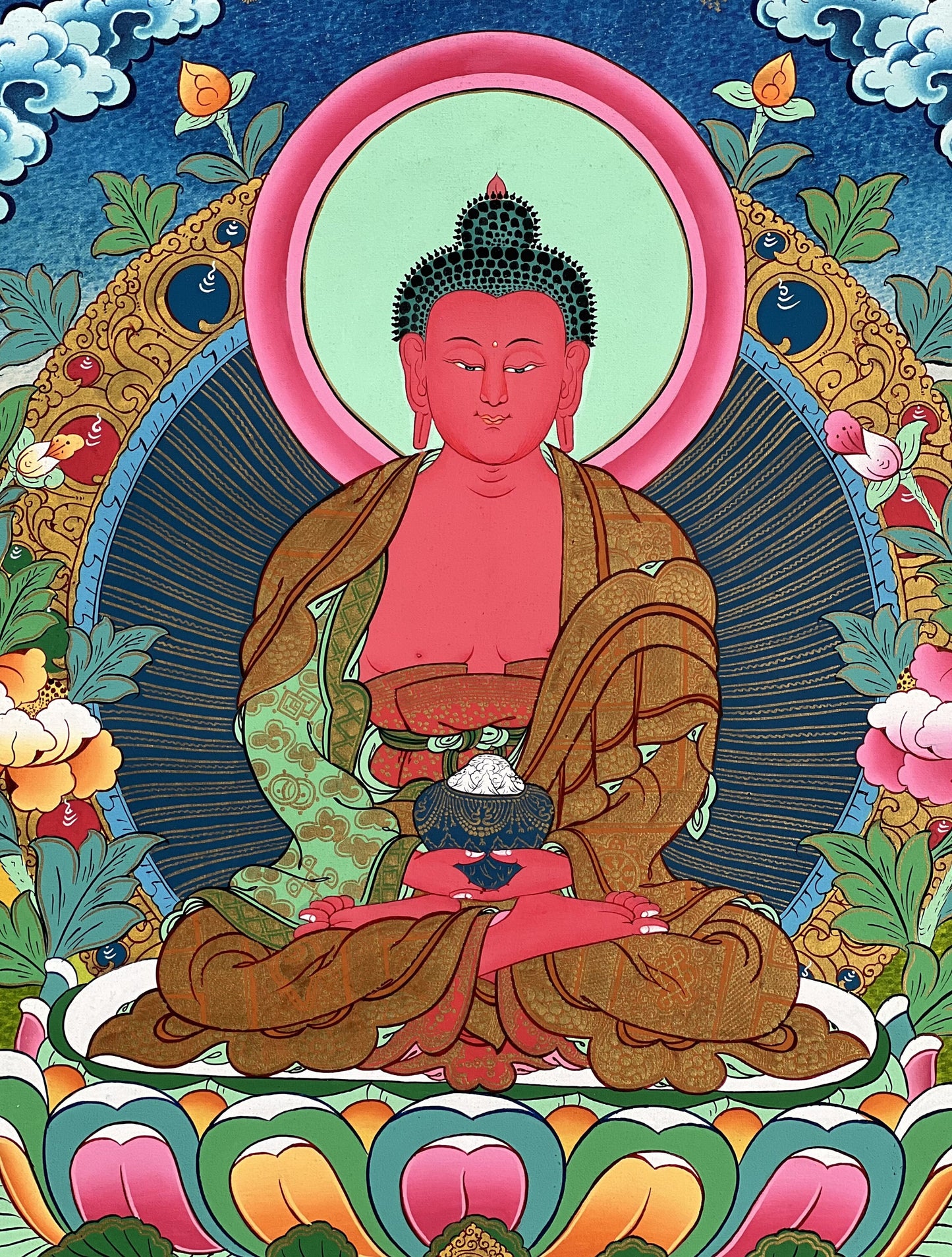 Hand-Painted Amitabha Buddha Thangka, Tibetan Art with Silk Brocade