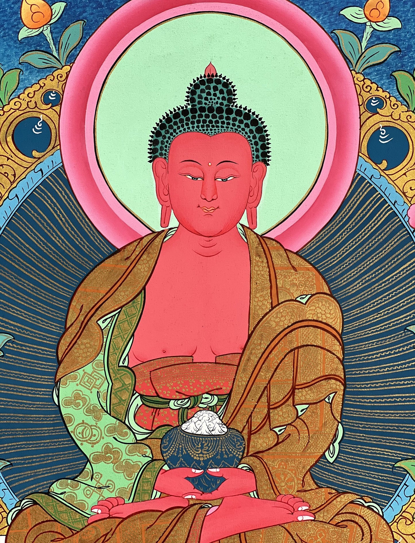 Hand-Painted Amitabha Buddha Thangka, Tibetan Art with Silk Brocade