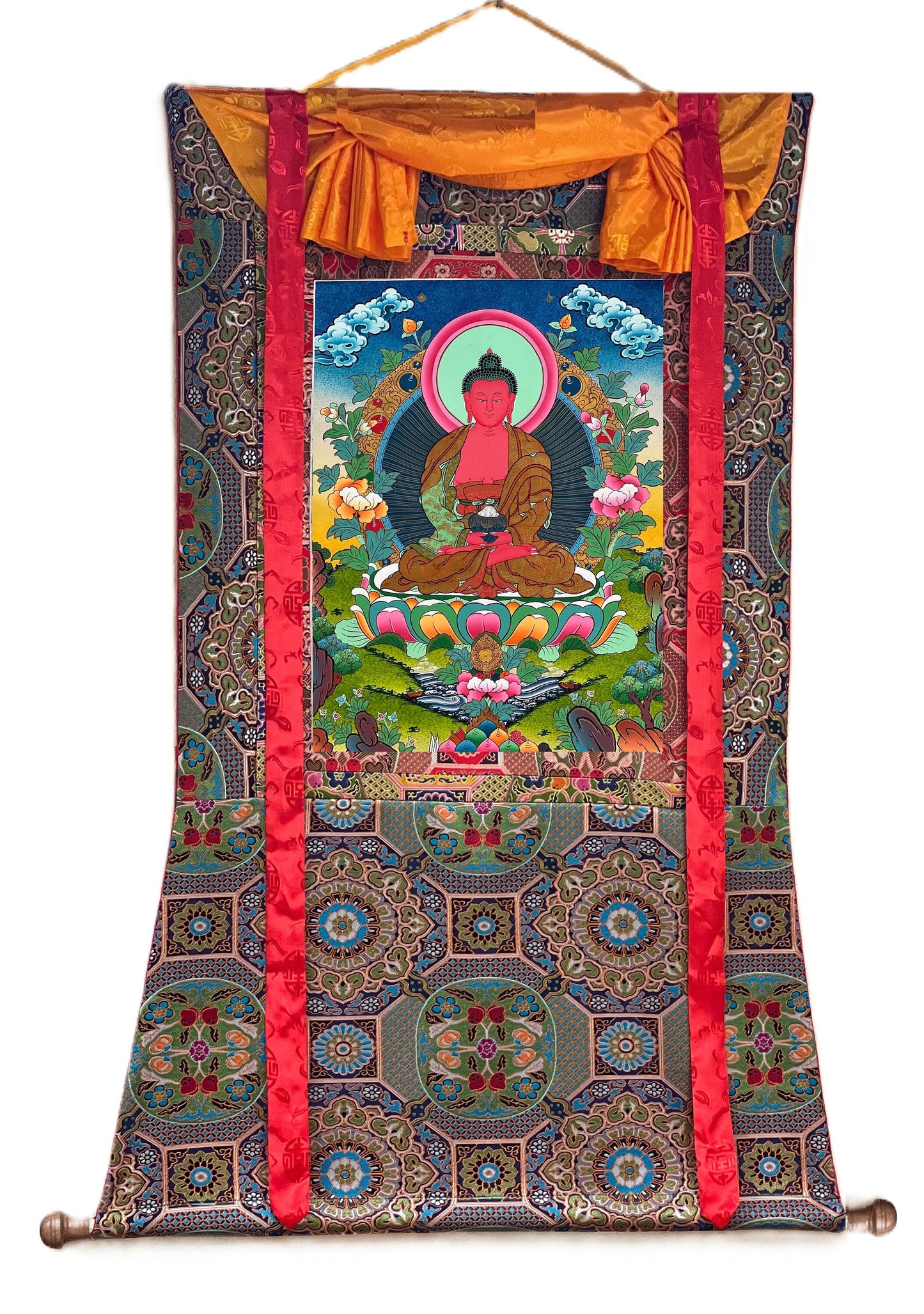 Hand-Painted Amitabha Buddha Thangka, Tibetan Art with Silk Brocade
