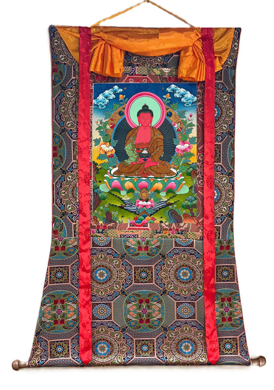 Hand-Painted Amitabha Buddha Thangka, Tibetan Art with Silk Brocade