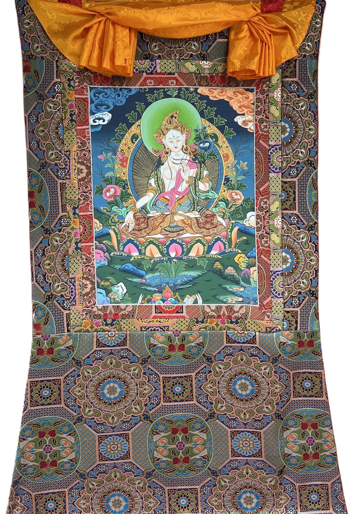 Hand-Painted White Tara Thangka: Tibetan Mother Goddess Art with Silk Brocade