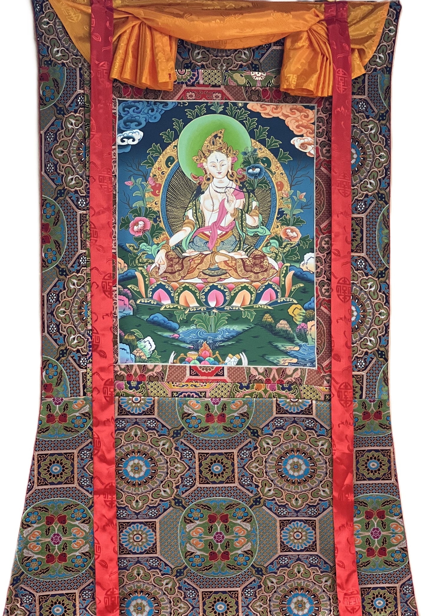 Hand-Painted White Tara Thangka: Tibetan Mother Goddess Art with Silk Brocade