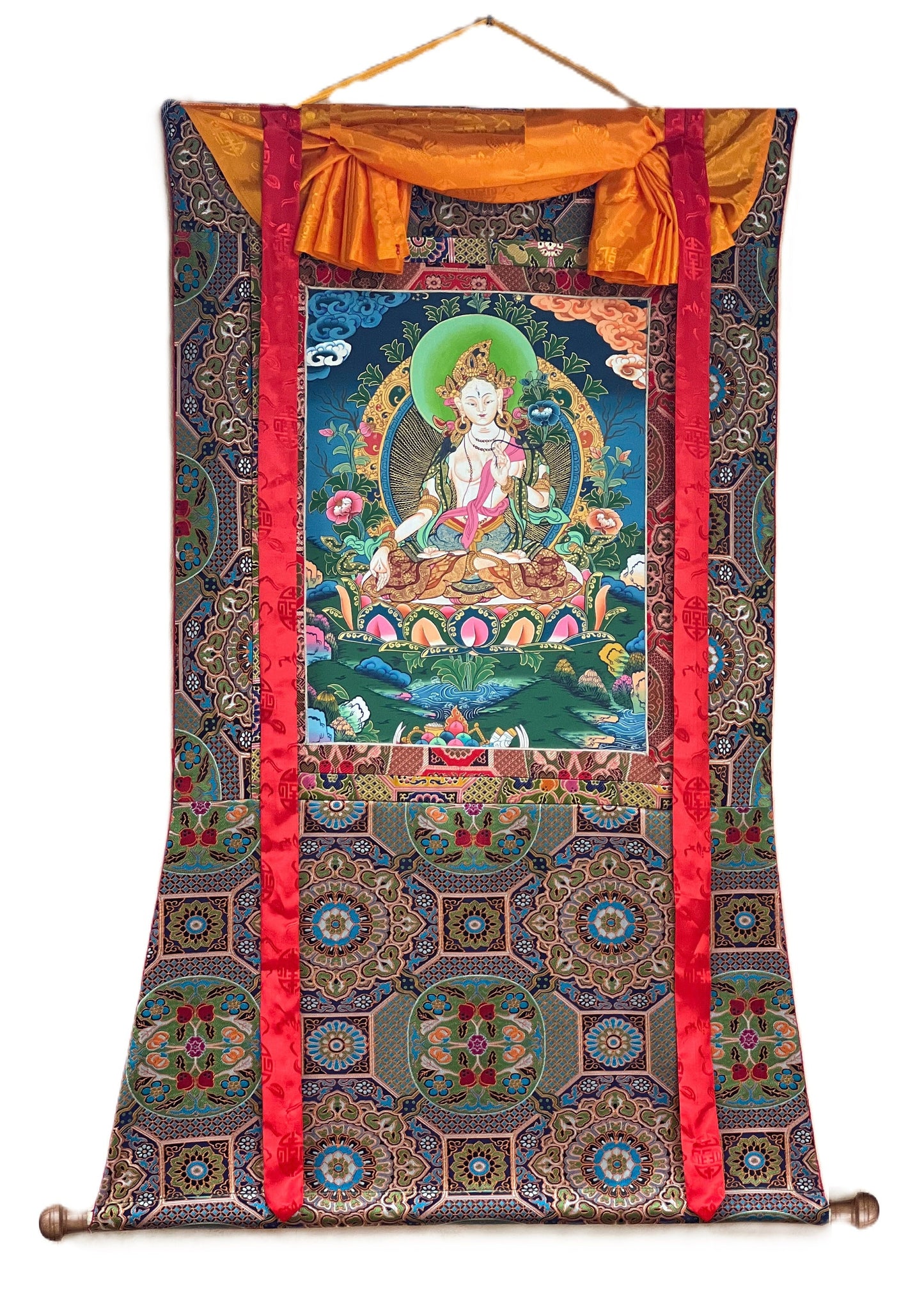 Hand-Painted White Tara Thangka: Tibetan Mother Goddess Art with Silk Brocade