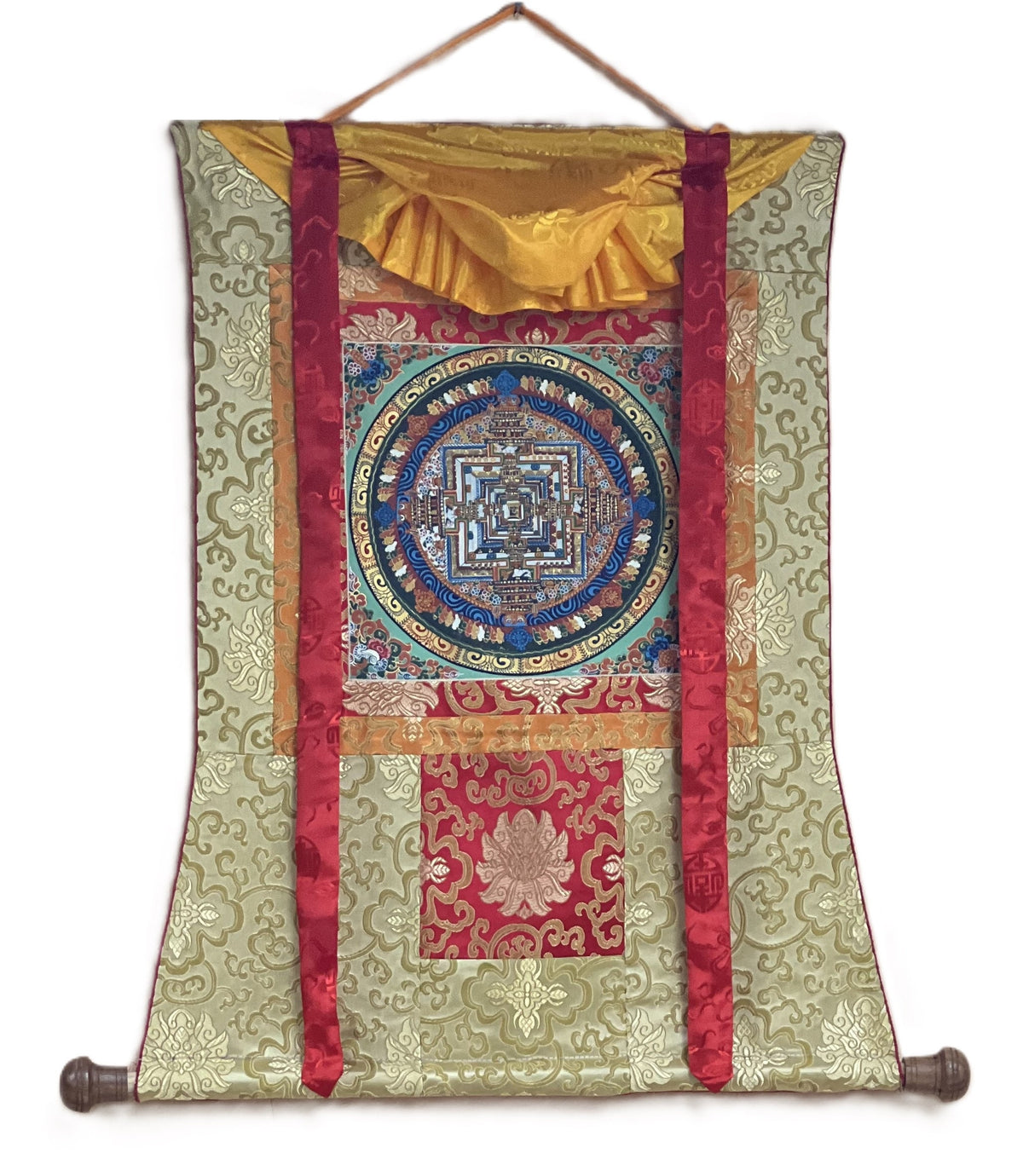 Kalachakra Mandala Tibetan Thangka Painting with Silk Brocade