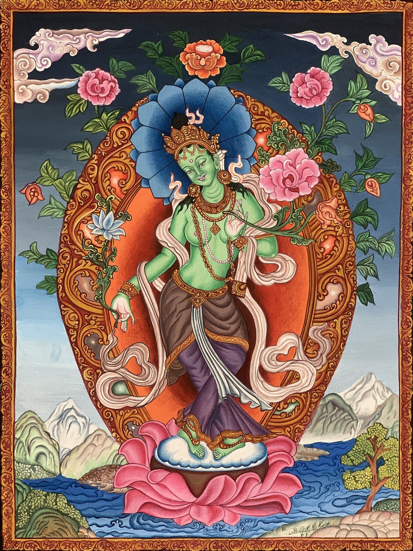Green Tara Thangka Painting, Newari Paubha Art, Handmade Cotton Canvas