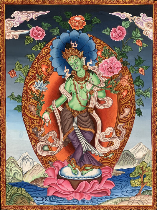 Green Tara Thangka Painting, Newari Paubha Art, Handmade Cotton Canvas