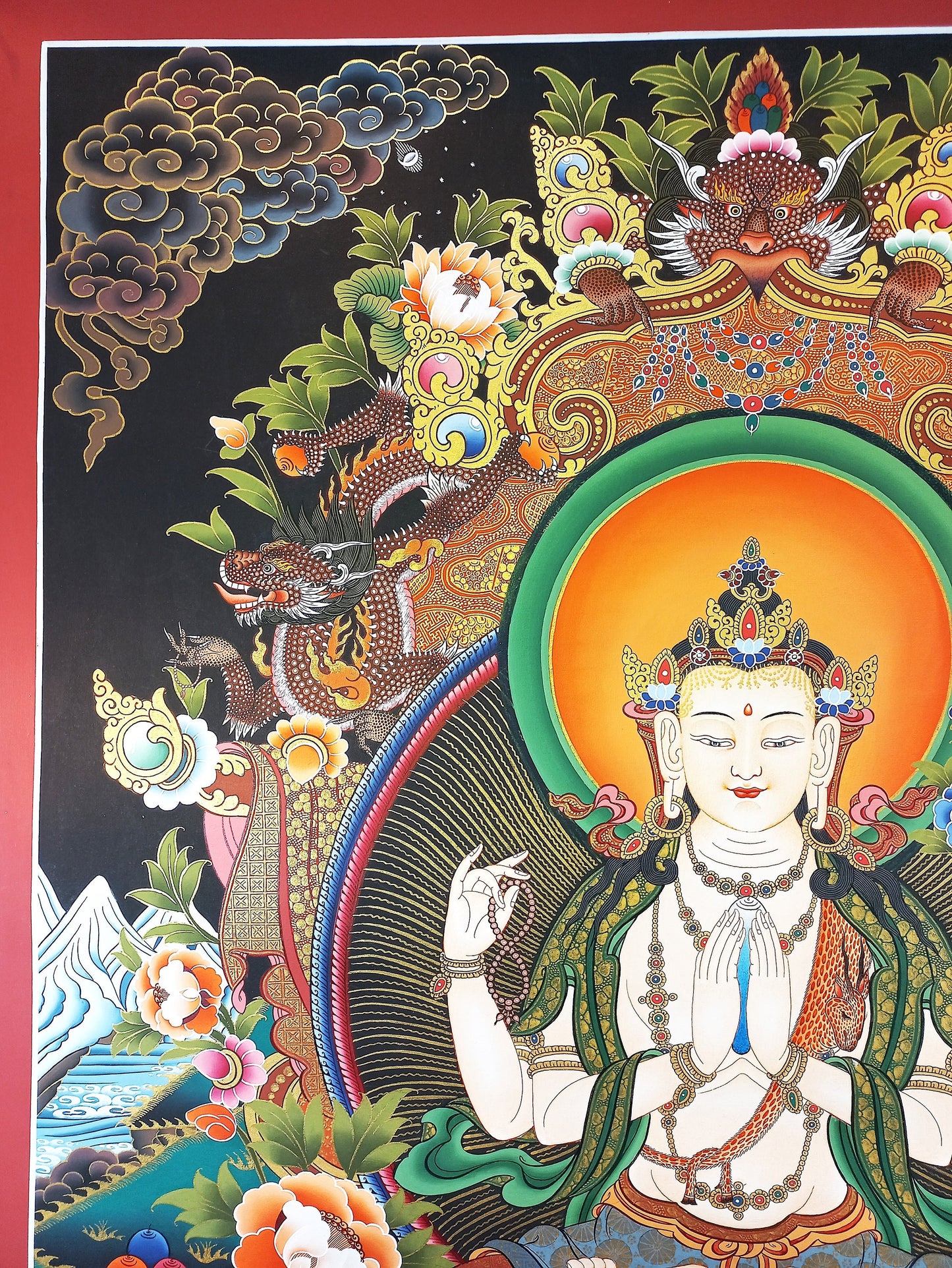 Hand Painted Chenrezig Large Thangka: Compassion Buddha, Tibetan Art
